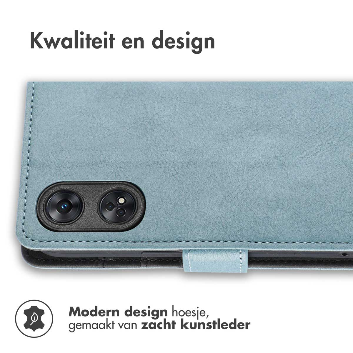 Blauwe leren telefoonhoes met een telefoon erin. Tekst: Kwaliteit en design. Tekst: Modern design.