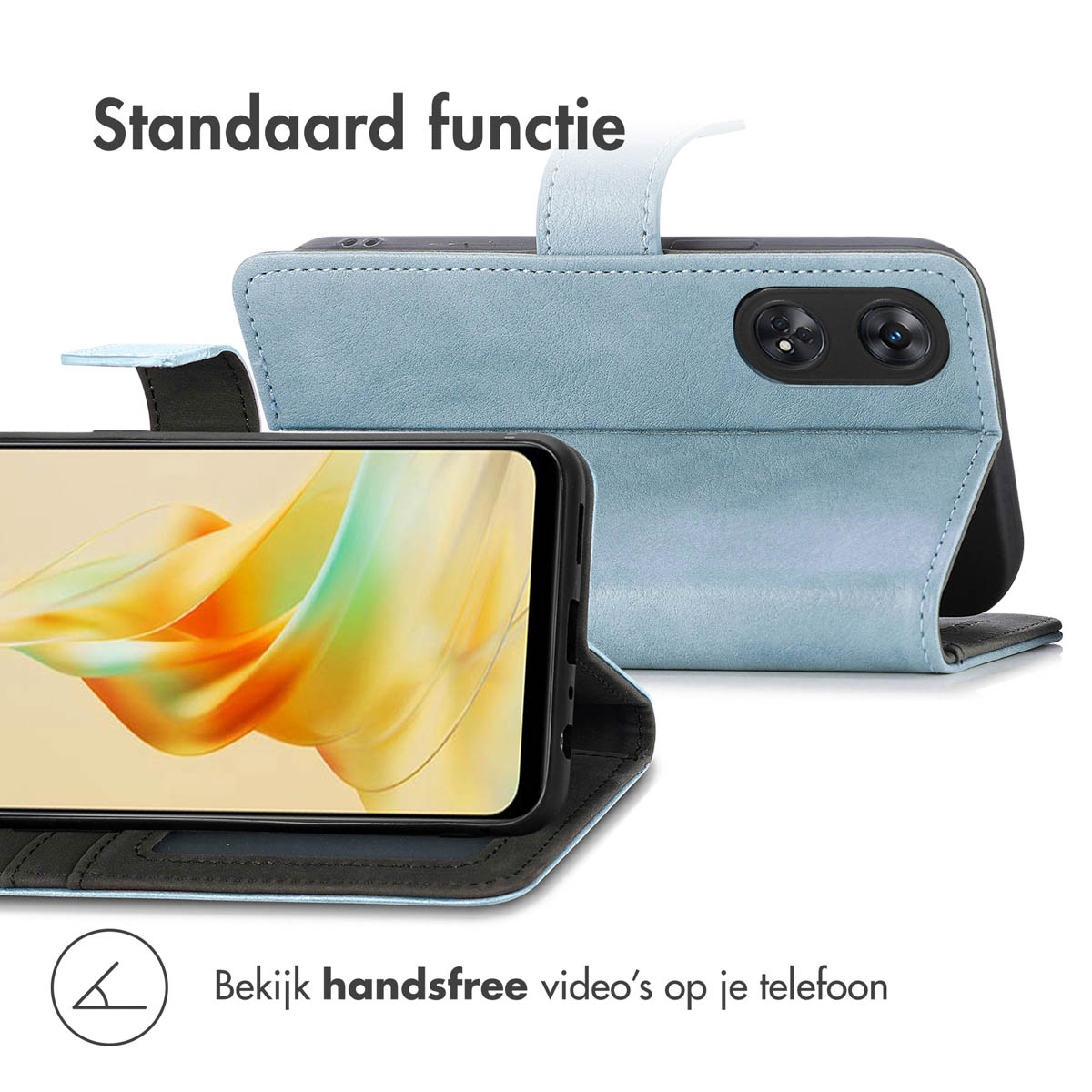 Een blauwe telefoonhoes met een telefoon. De telefoon is zichtbaar op de hoes en in handsfree positie.