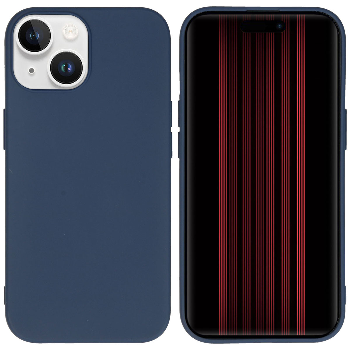 Blue phone case. The phone shows red lines on black screen. The background is white.