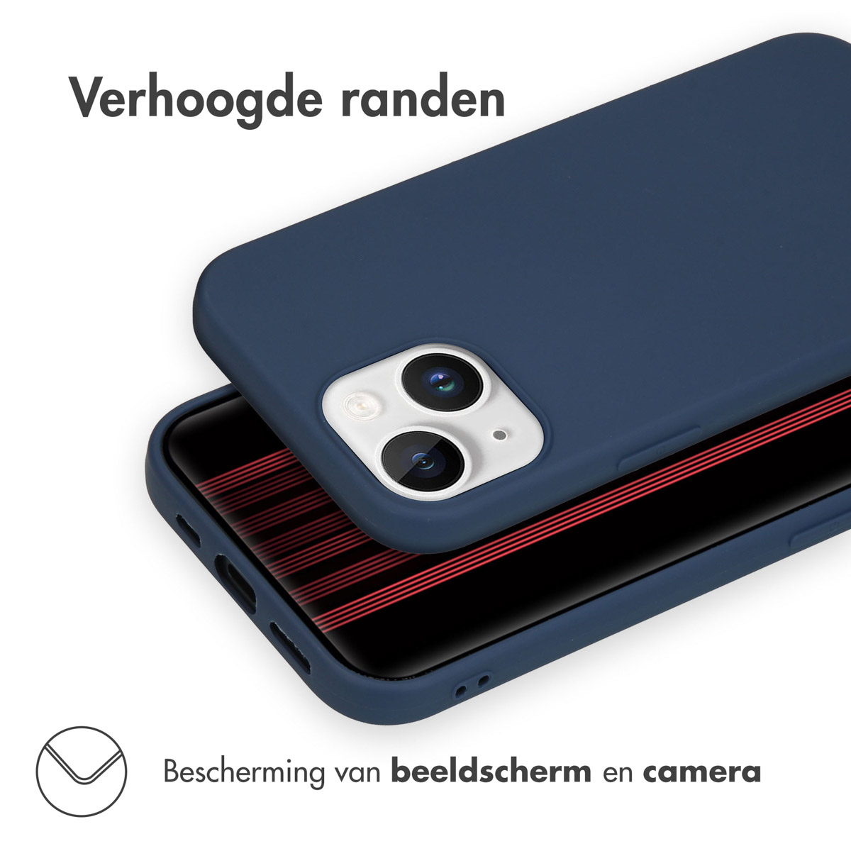 Navy blue phone case over a phone showing camera. It has raised edges for screen and camera protection.