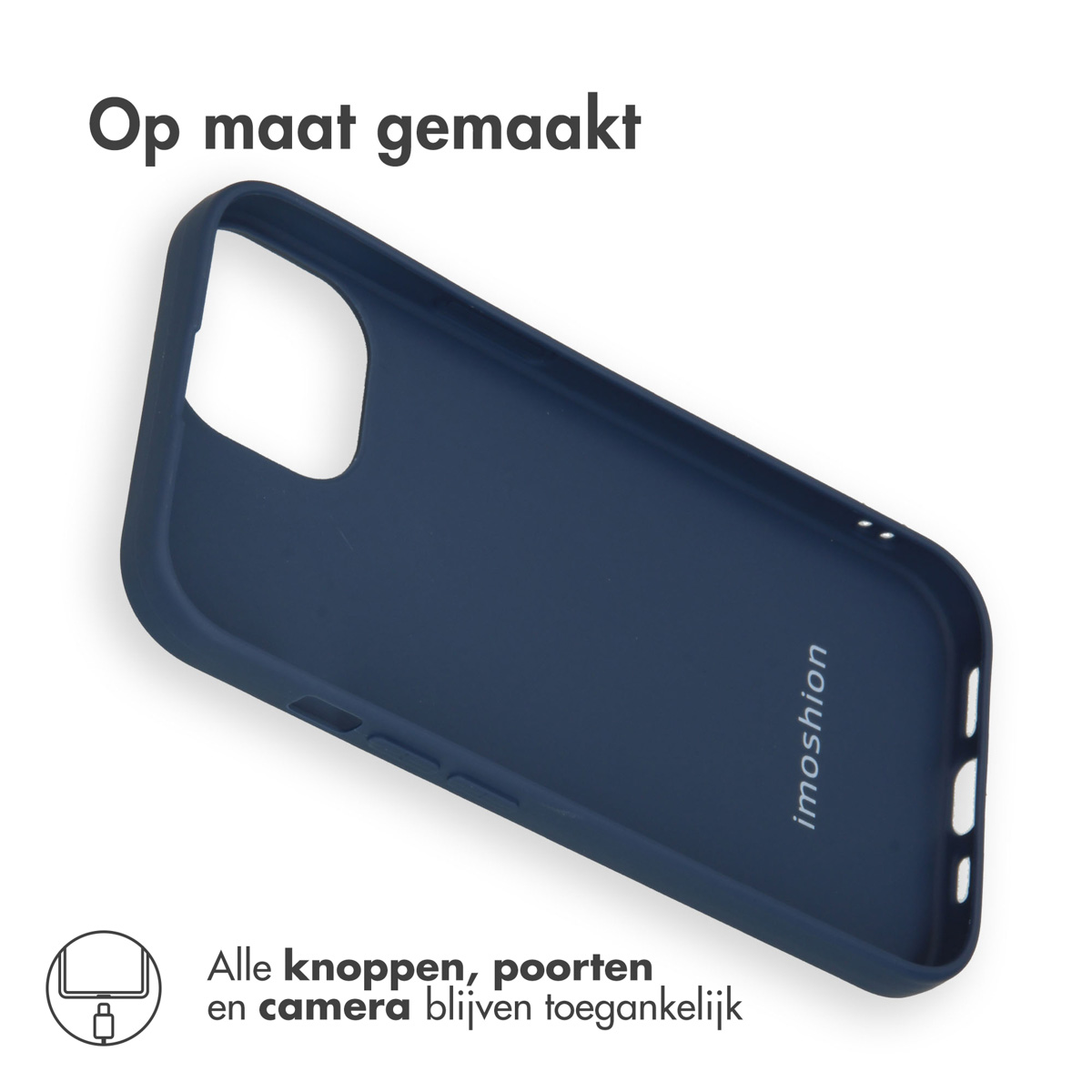 Dark blue phone case with the phone inside and a text that says made to measure.