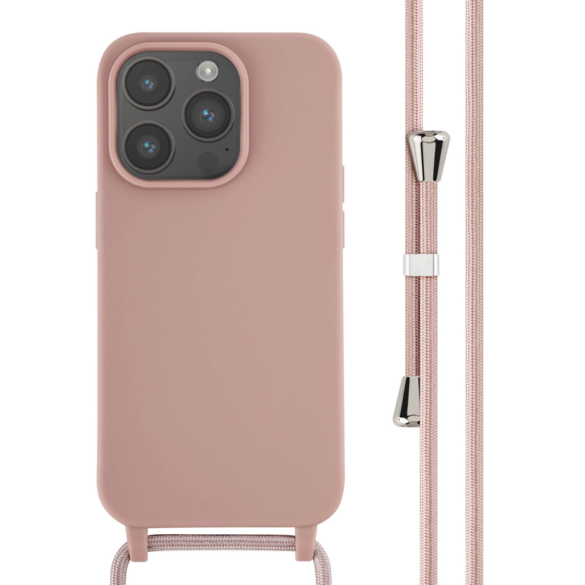 Roze telefoonhoes met een koord. De tekst luidt: Hoesje met koord. De hoes is roze. Het koord is roze en zilver.