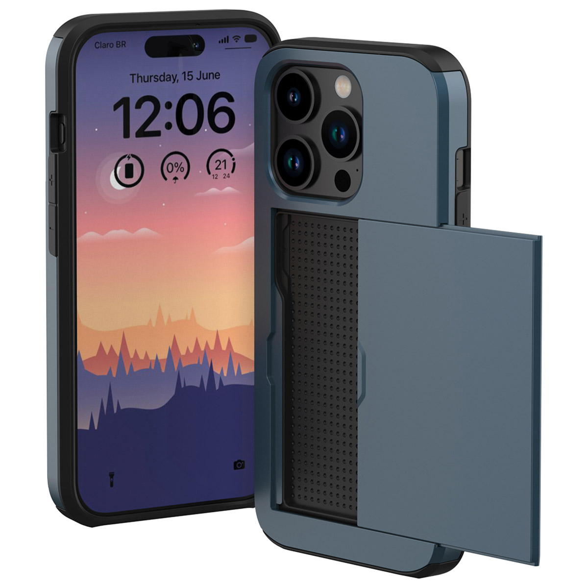 Blauwe telefoonhoes met kaartsleuf, toont het telefoonscherm.