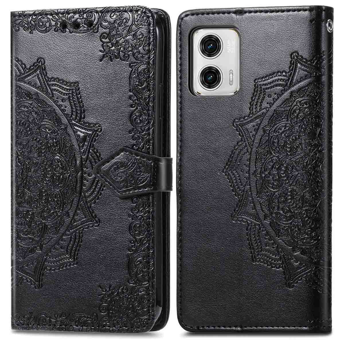 Coque de téléphone noire avec motif mandala, ouverte et fermée avec boucle.