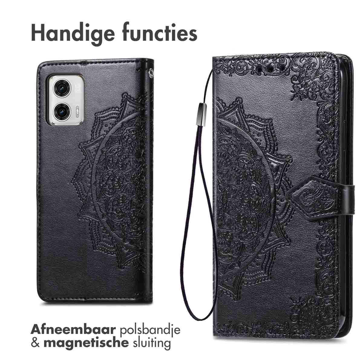 Étui de téléphone noir ouvert, montrant un téléphone. L'étui a un motif mandala et une dragonne amovible.
