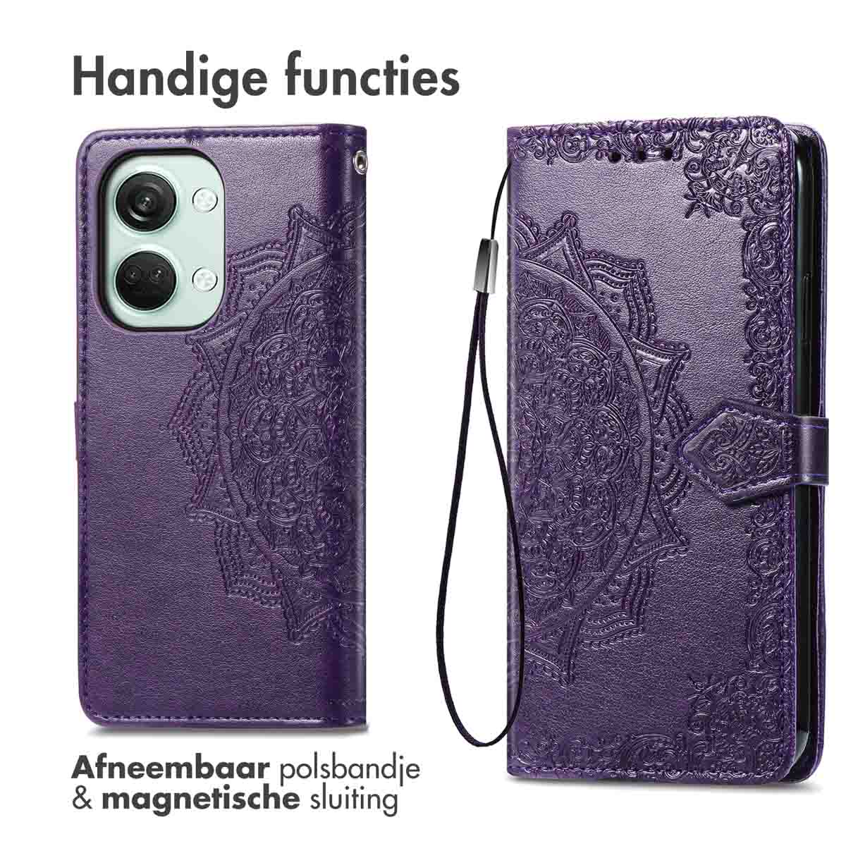 Paarse telefoonhoes, open en dicht, met mandala patroon en een polsbandje.