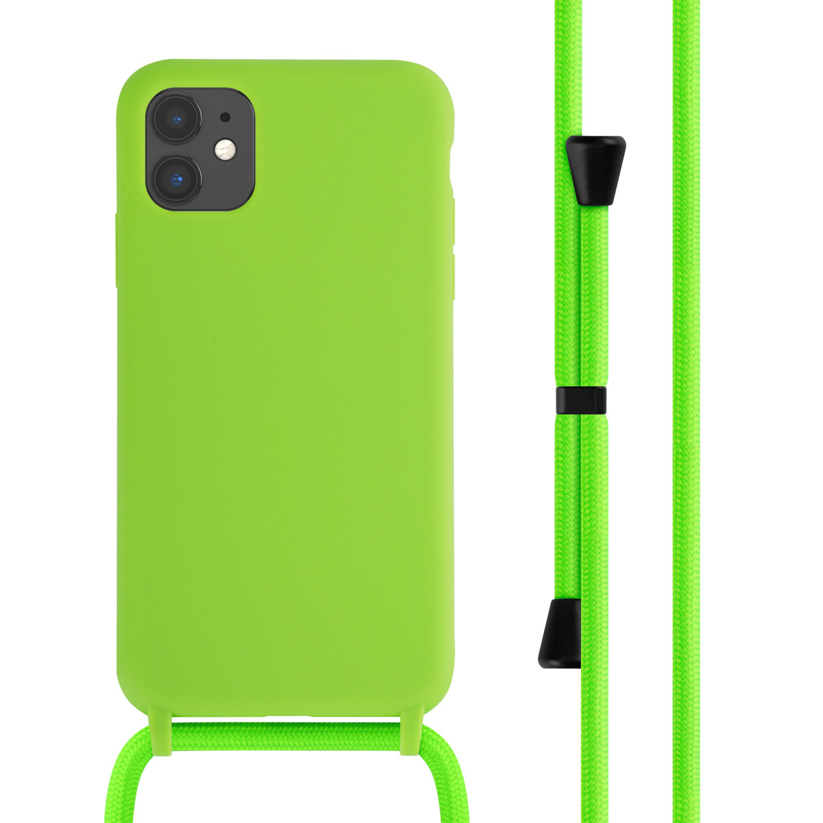 Groene telefoonhoes met een groene touwhalsketting.