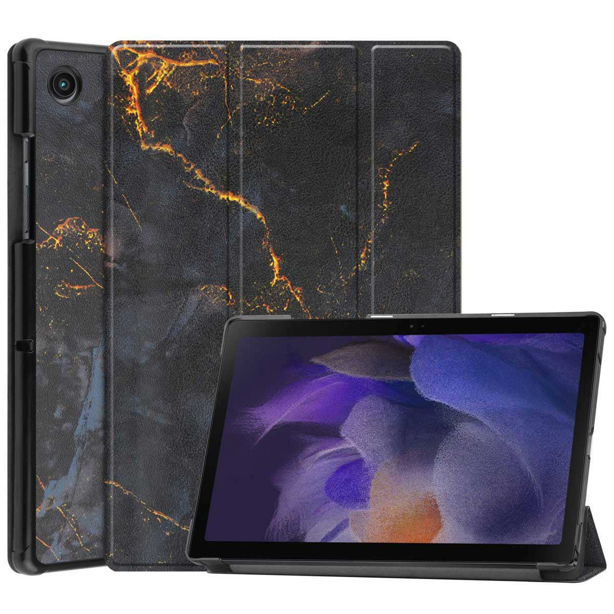 Tablette avec une coque noire et dorée à motifs et une tablette affichant une image.