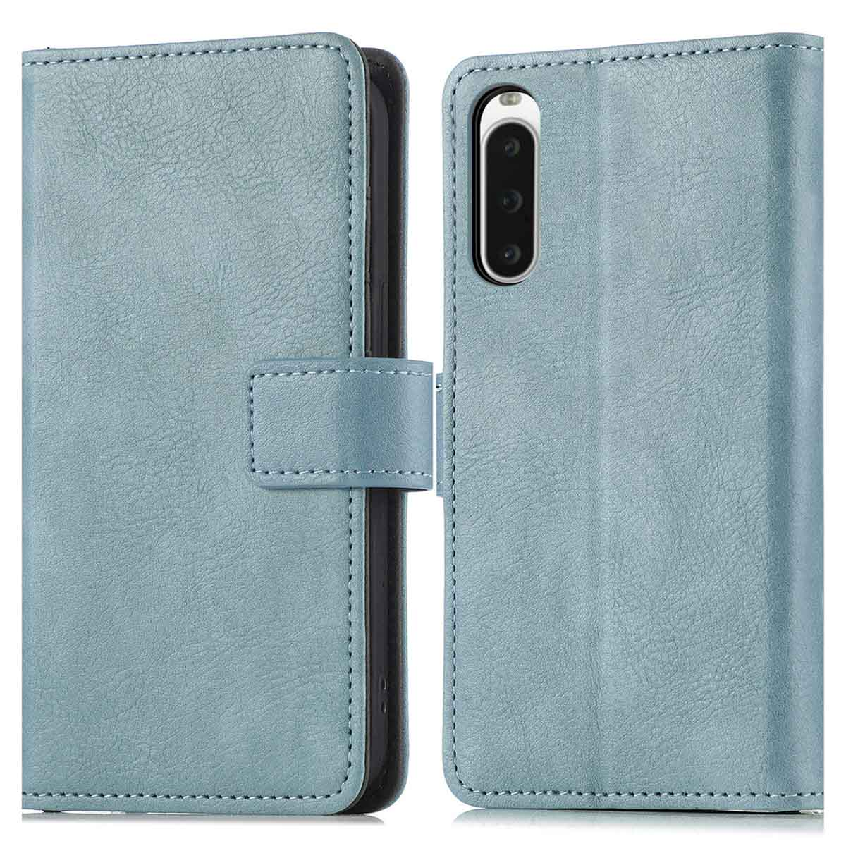 Coque de téléphone bleu clair, fermée et ouverte, avec trois caméras, une sangle et une fermeture magnétique.