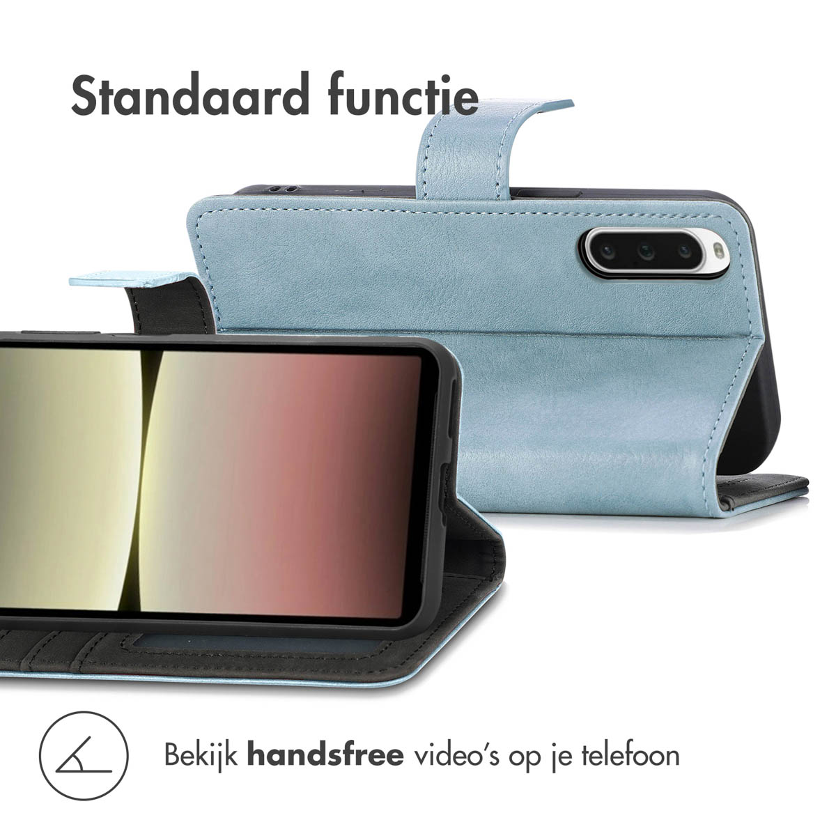 Un étui de téléphone bleu avec un téléphone. Le téléphone est visible sur l'étui et en position mains libres.
