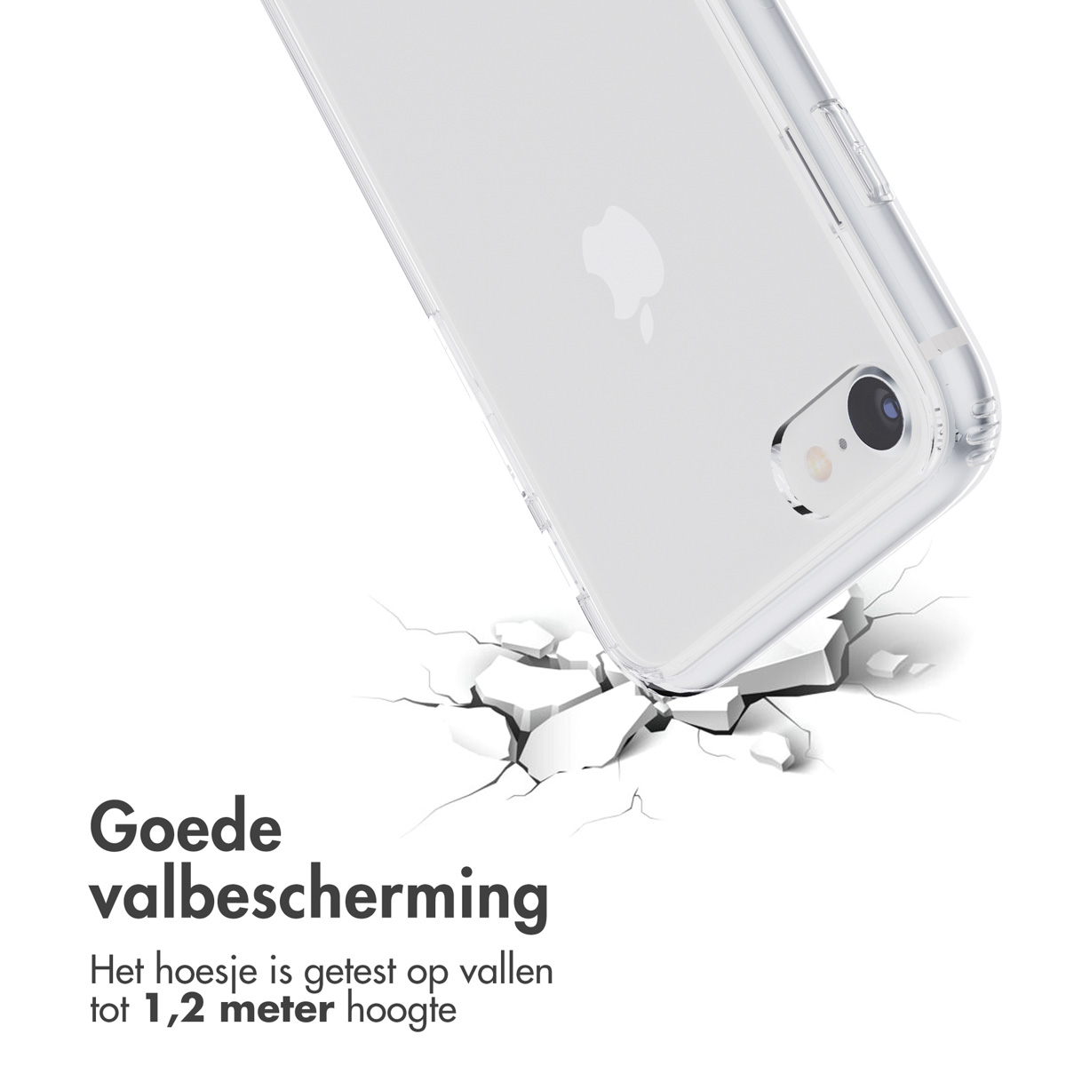 Un telefono in una custodia trasparente cade e colpisce il suolo, crepandosi. Il testo dice buona protezione dalle cadute.