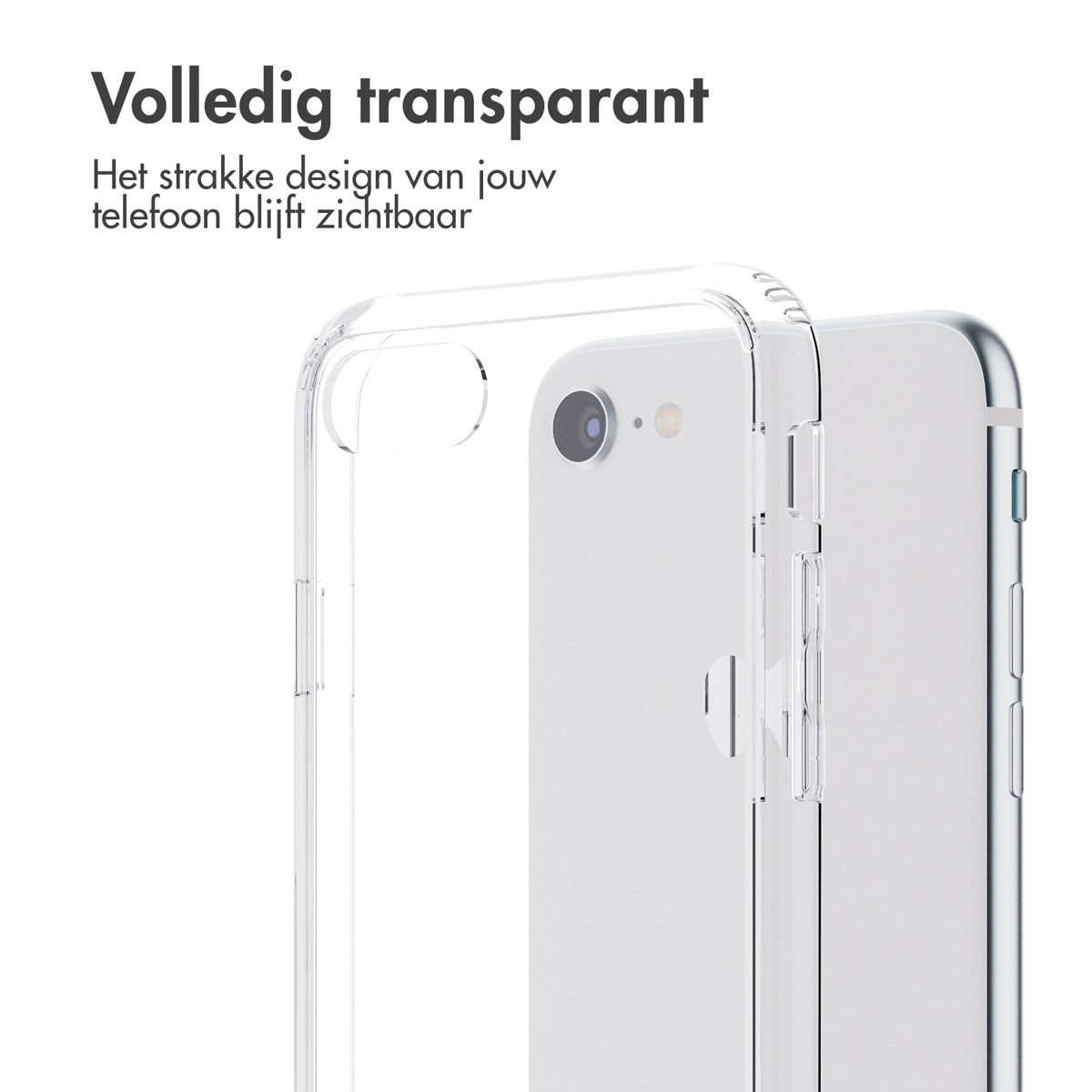 Una custodia trasparente per telefono su un telefono bianco. La custodia è trasparente, mostrando le caratteristiche del telefono.