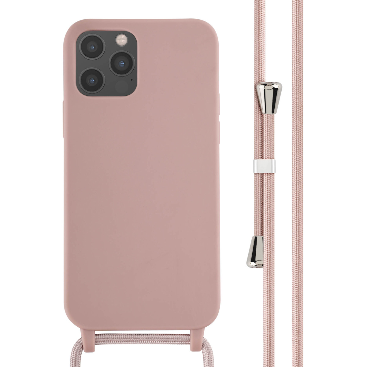 Coque de téléphone rose avec un cordon. Le cordon est de style corde et est attaché à la coque du téléphone.
