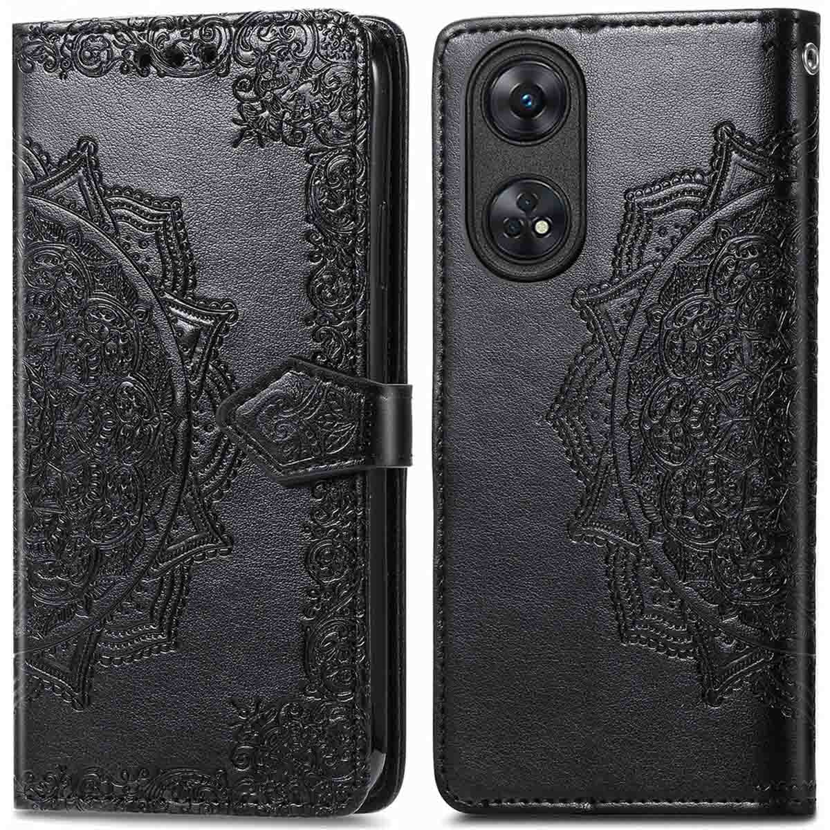 Zwarte telefoonhoes met een patroon op de voor- en achterkant. Sluit met een magnetische sluiting.