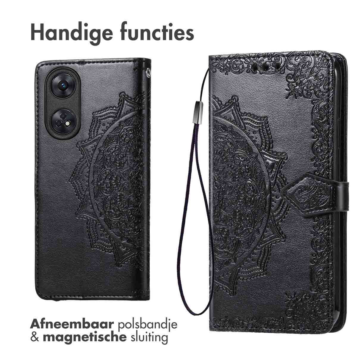 Zwarte telefoonhoes, open en dicht, met mandala patroon en een polsbandje.