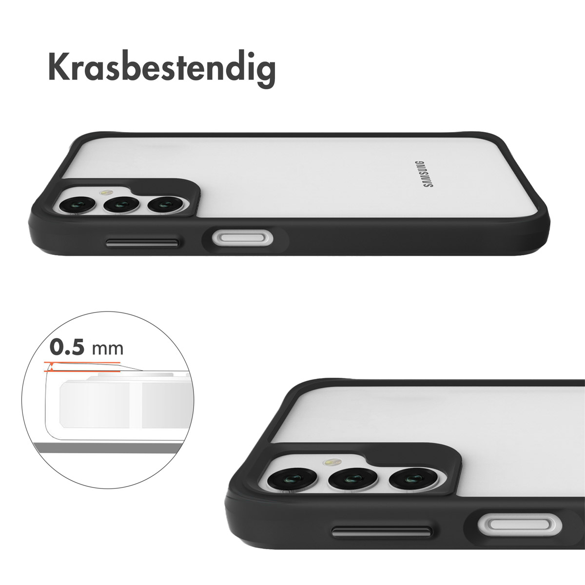 Een telefoonhoesje met een zwart frame en witte achterkant, gemarkeerd met 'Samsung'.