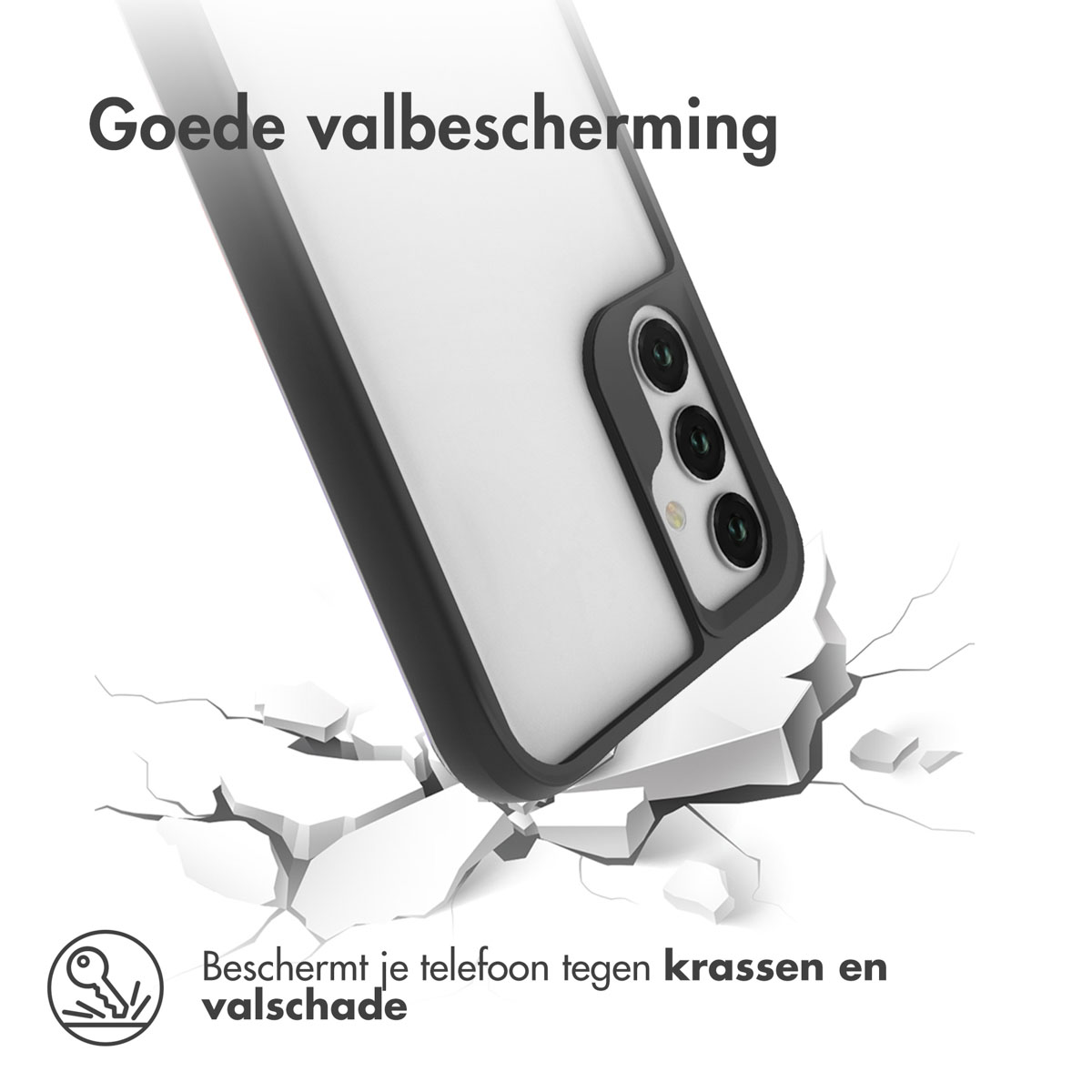 Een telefoon in een zwarte hoes die een wit oppervlak breekt. De hoes beschermt de telefoon tegen schade.