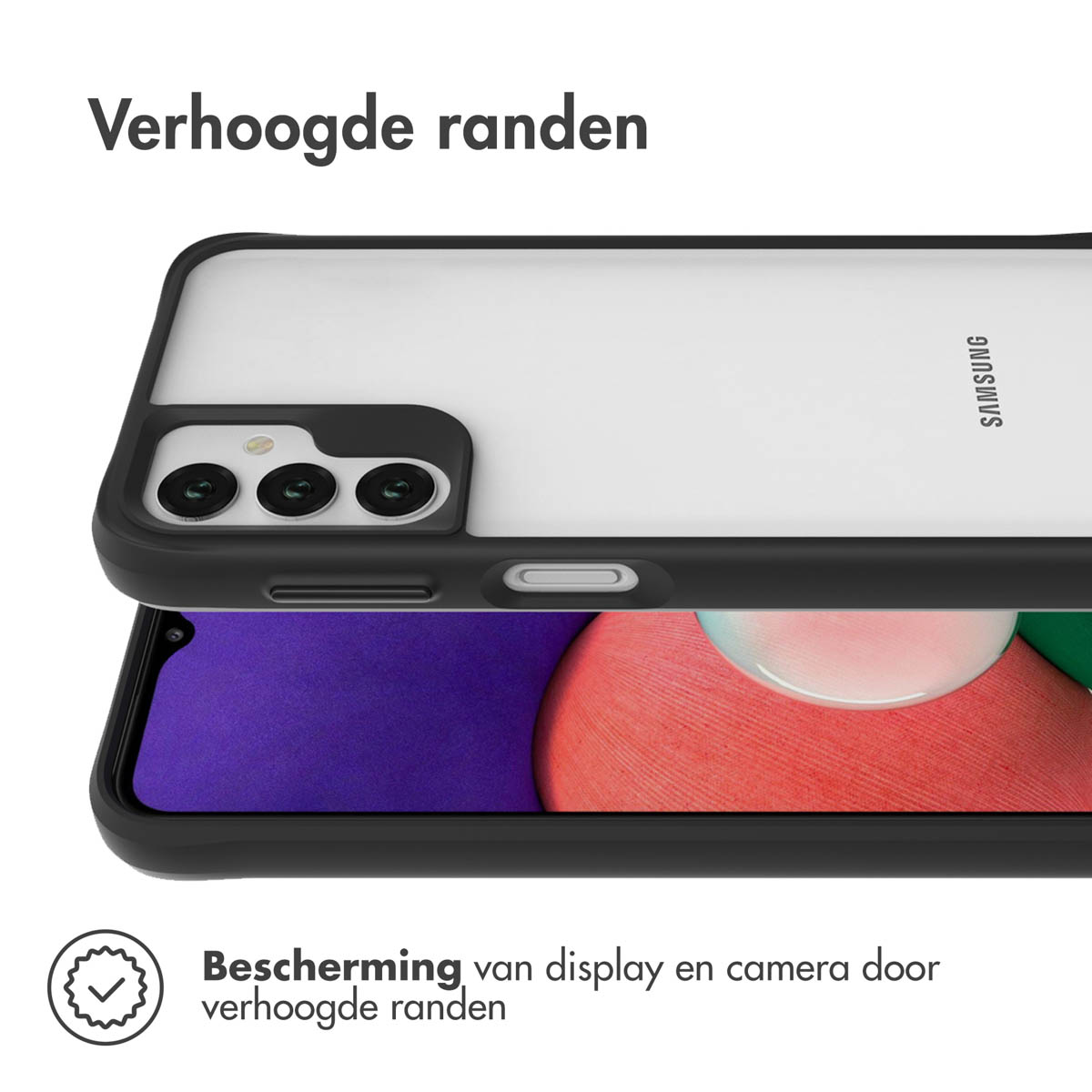 Een telefoonhoesje met een zwarte rand en de telefoon erin. De tekst luidt: Bescherming van display en camera door verhoogde randen.