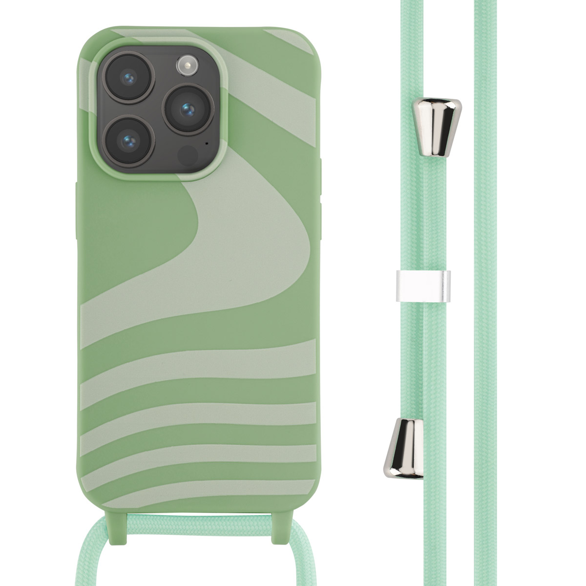Groene telefoonhoes met wit golvend ontwerp en een bijpassend koord met zilveren accenten.