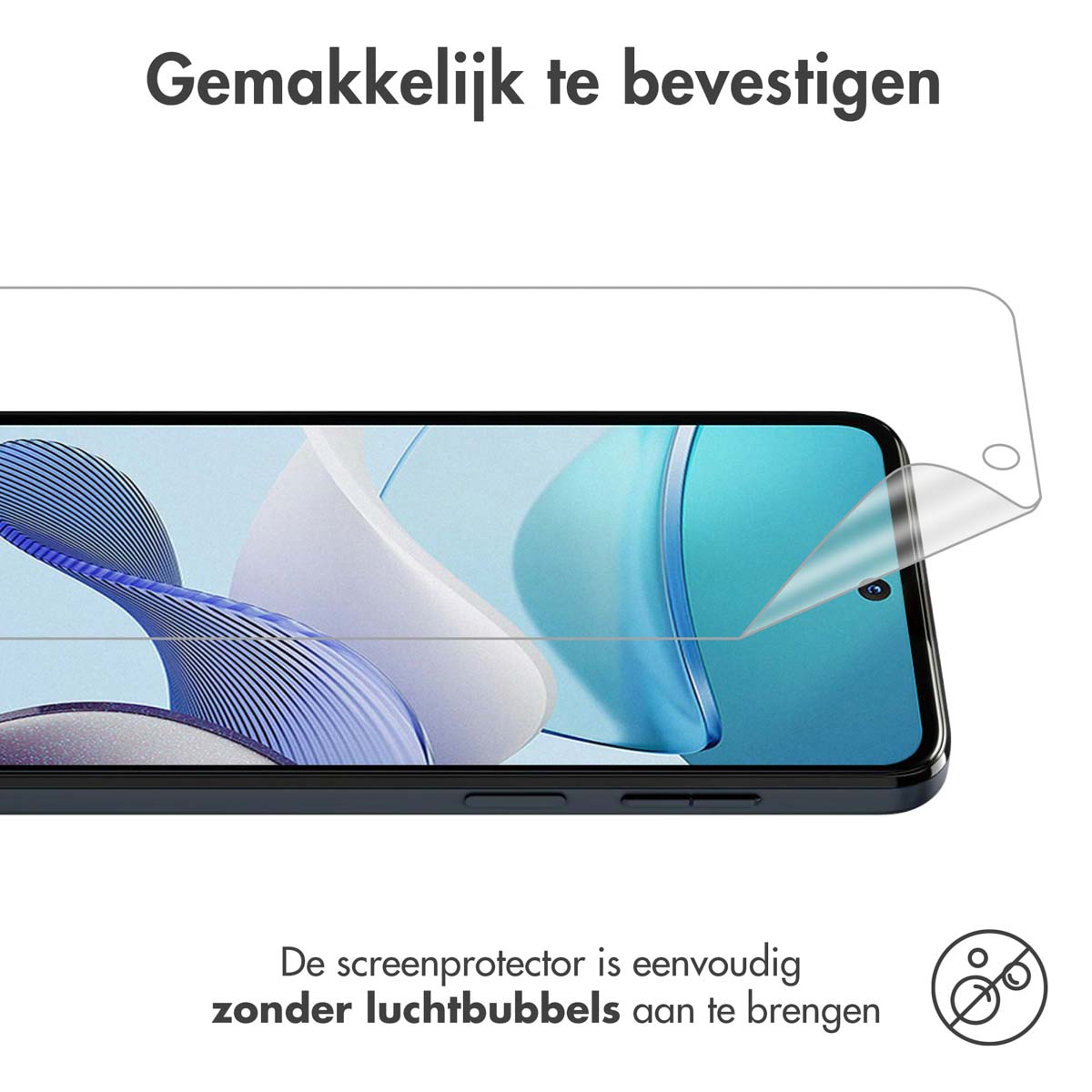 Een screenprotector wordt aangebracht op een telefoon. De protector is helder en een hoekje komt los.