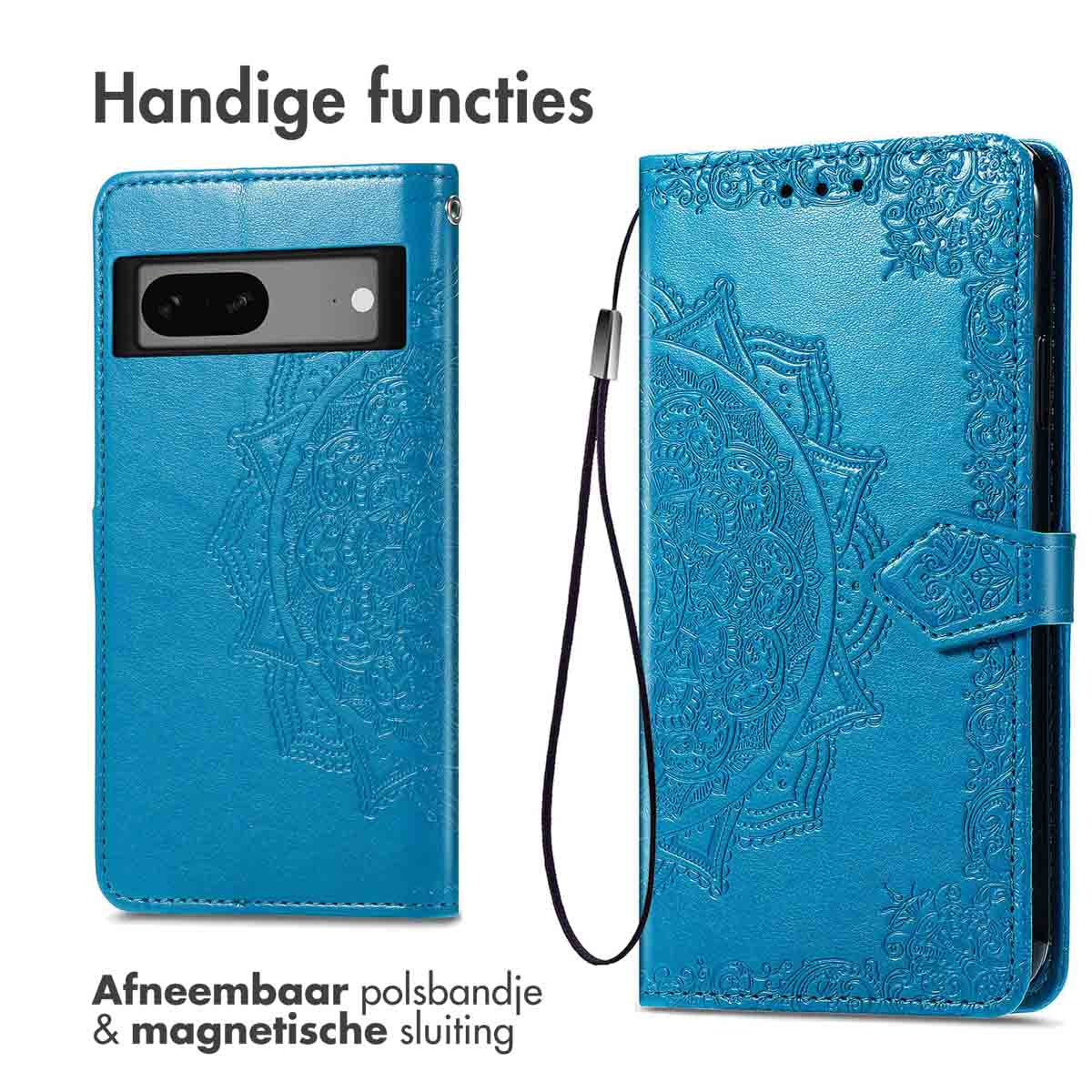 Blaue Handyhülle mit gemustertem Design. Mit abnehmbarer Handschlaufe und Magnetverschluss.