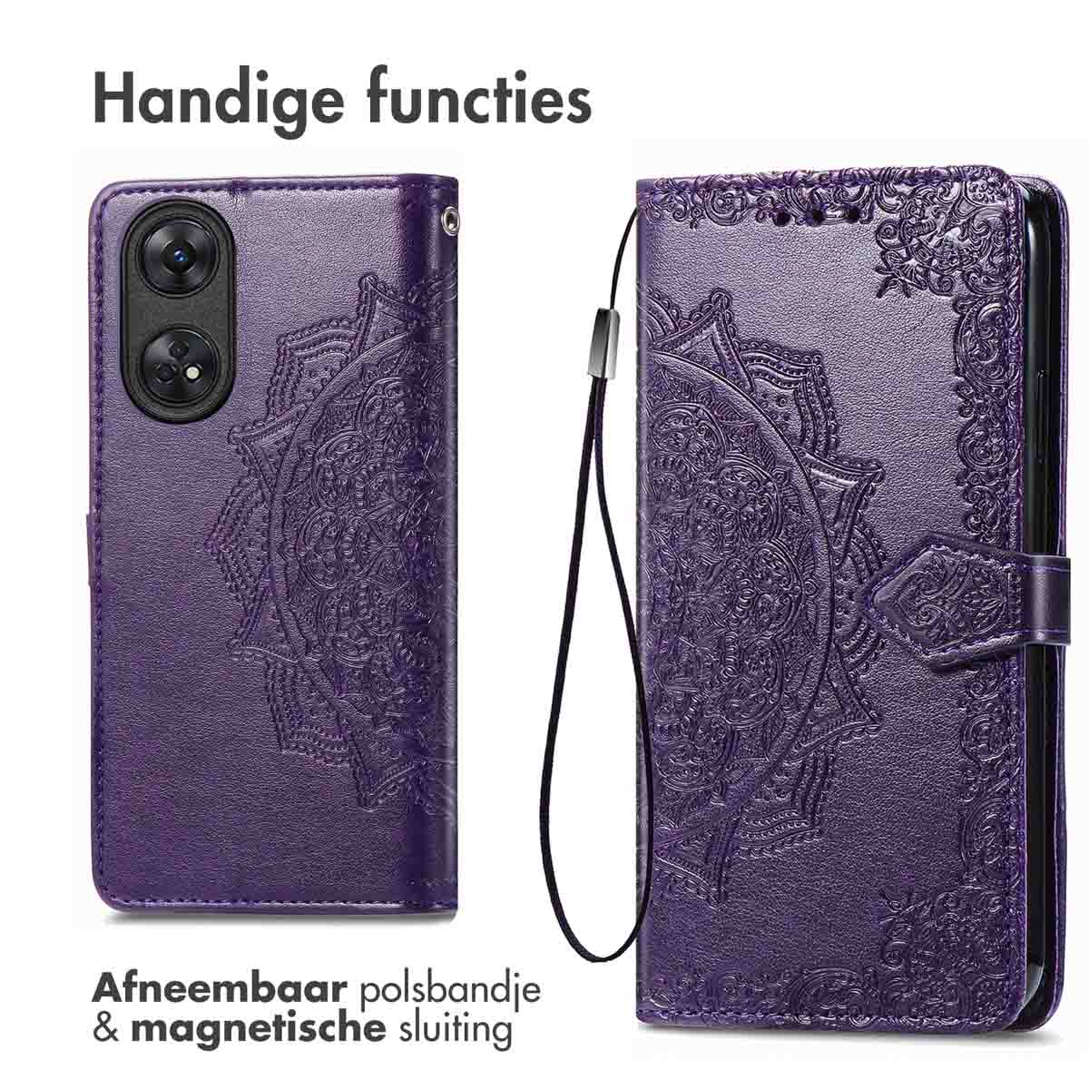 Telefoonhoesje, met de achterkant en het binnenste. De hoes is paars met een bloemenontwerp.