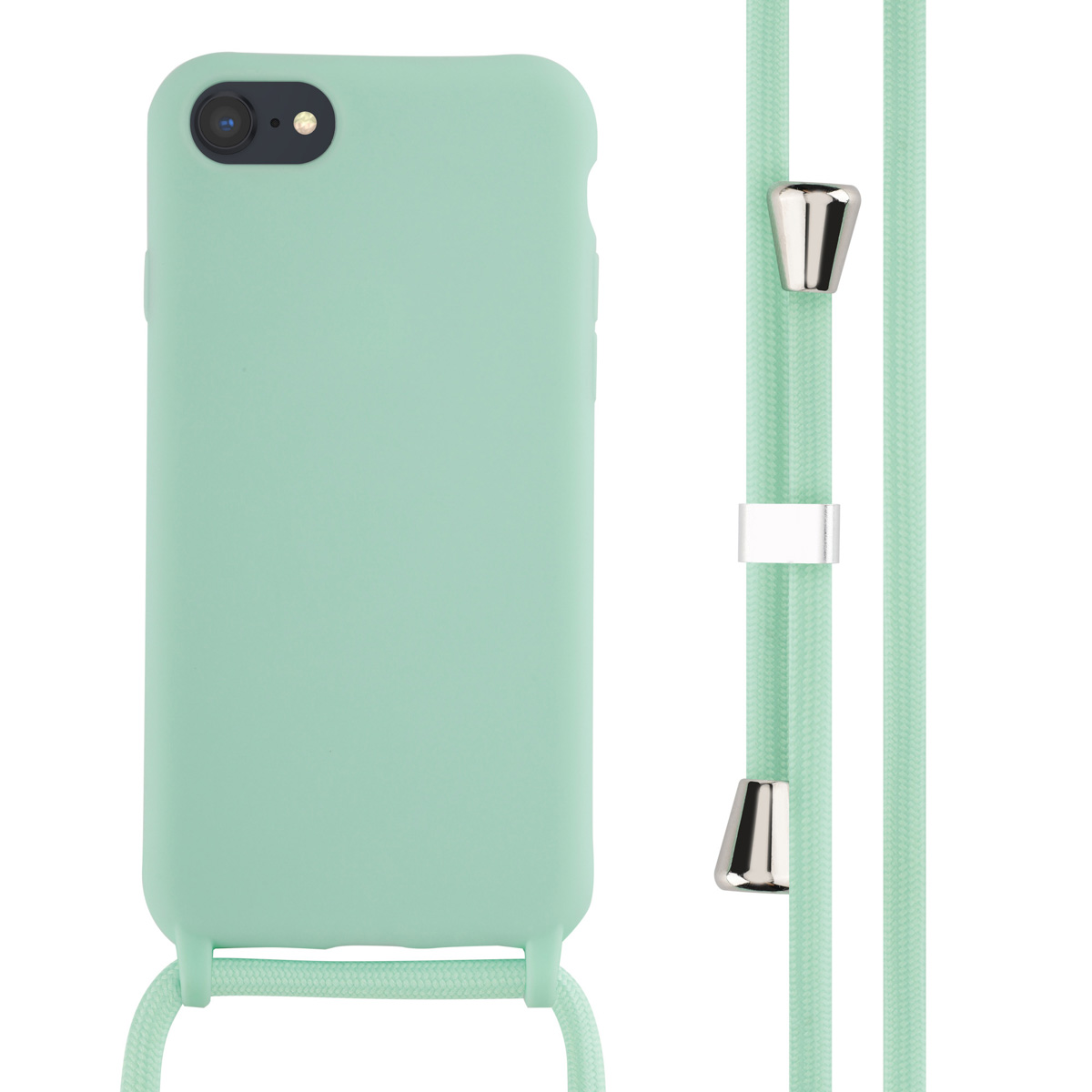 Une coque de téléphone vert clair avec une sangle verte. L'étui a un trou pour l'appareil photo. Le fond est blanc.