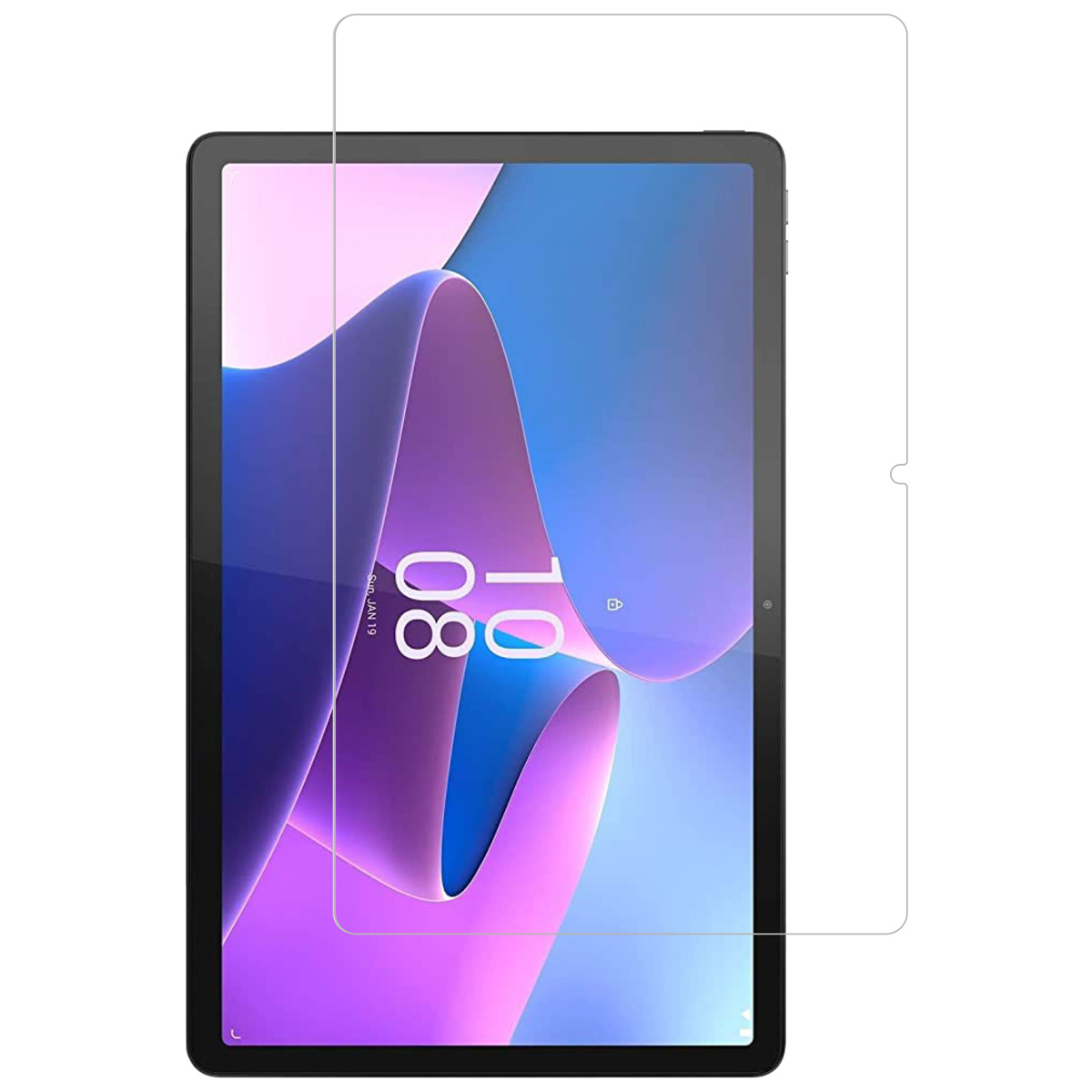 Un tablet con una protezione per lo schermo. Il tablet è nero e la protezione è trasparente.