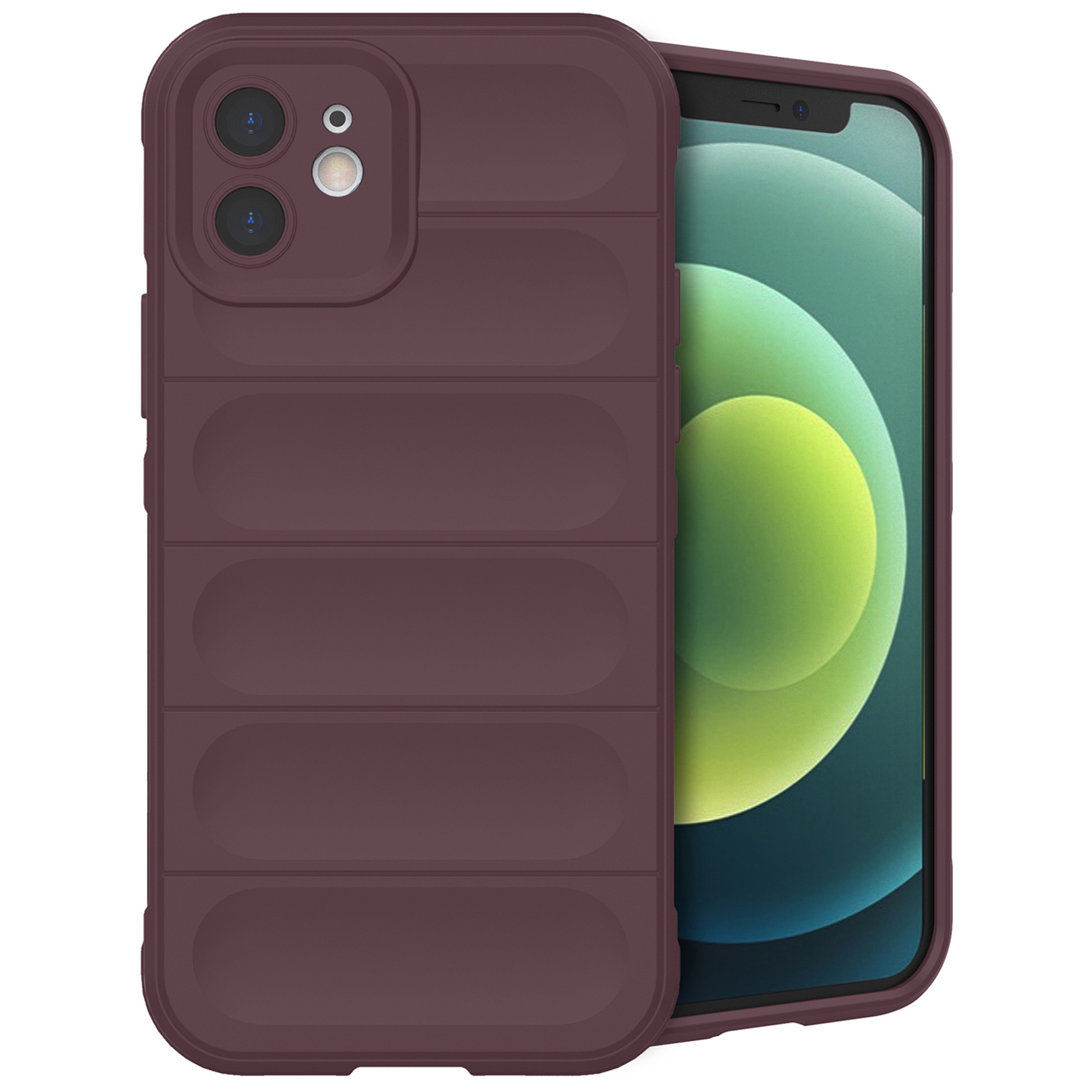 Un étui de téléphone bordeaux avec un design matelassé. L'étui a une découpe pour l'appareil photo et des couvre-boutons.