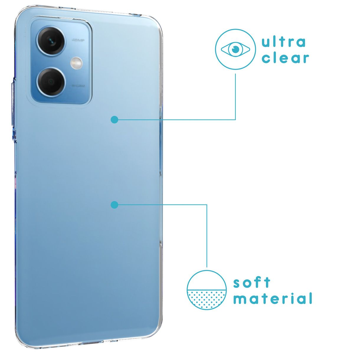 Coque de téléphone bleue avec un dos transparent et le texte qui dit ultra clair.