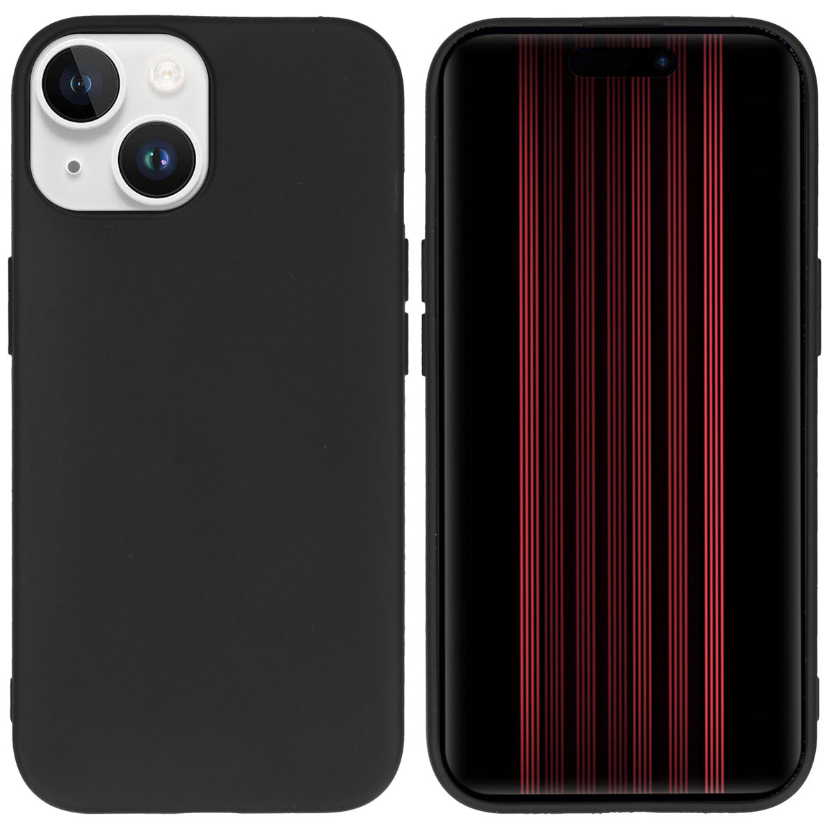 Two phone cases side by side. One black case and the phone is in a black case. The other has a red design.