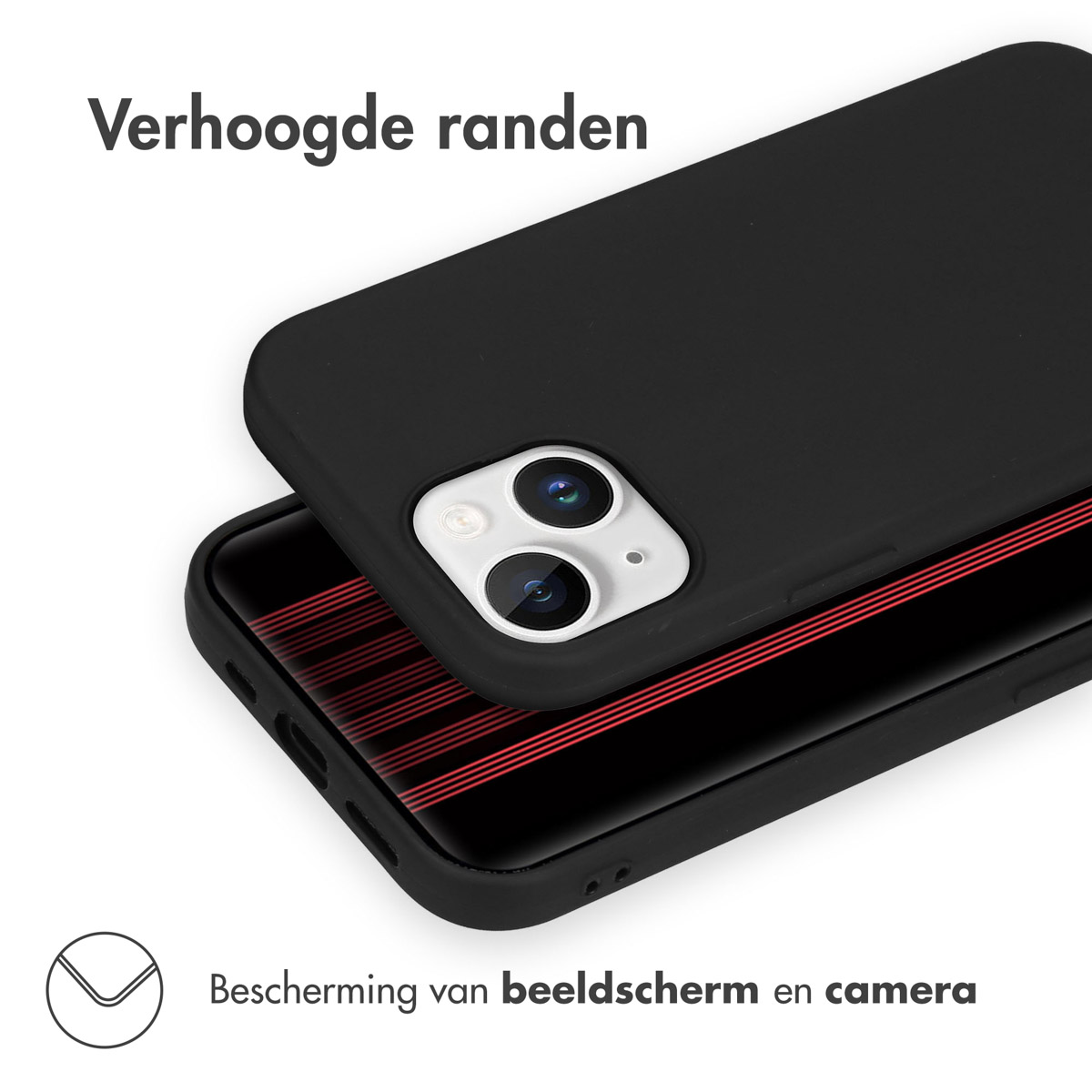 Black phone case with a black edge and the phone inside. The text says: Protection of screen and camera.