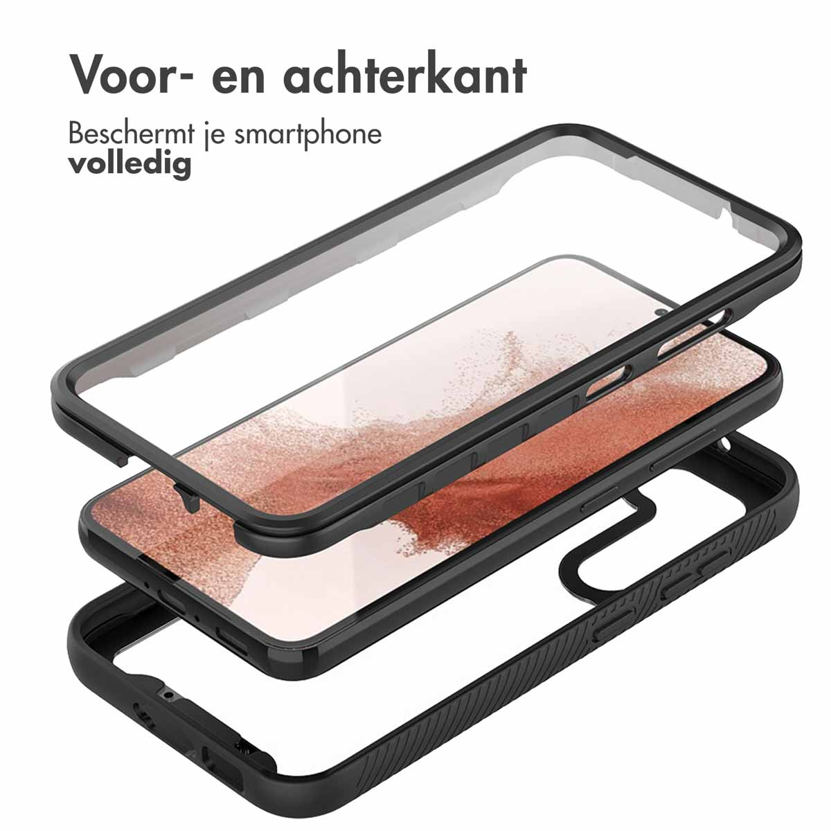 Drie-laags telefoonhoesje gedemonteerd. Transparante, zwart omrande en zwarte basislagen worden getoond.
