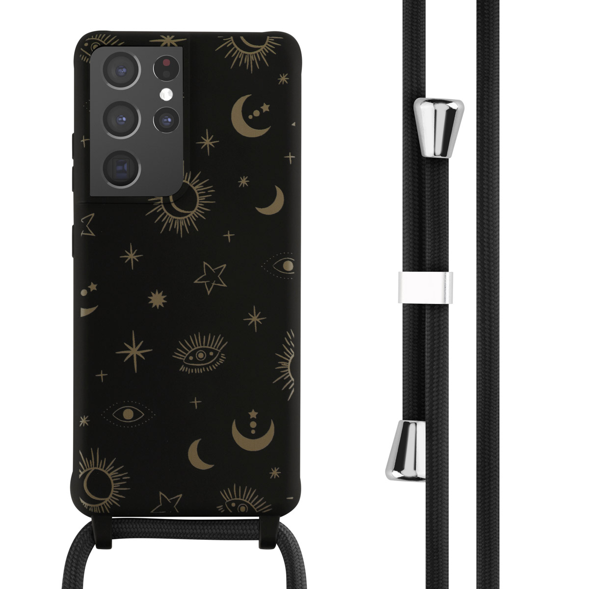 Zwarte telefoonhoes met gouden hemels ontwerp en een zwart koord. De hoes heeft een maan en sterren.