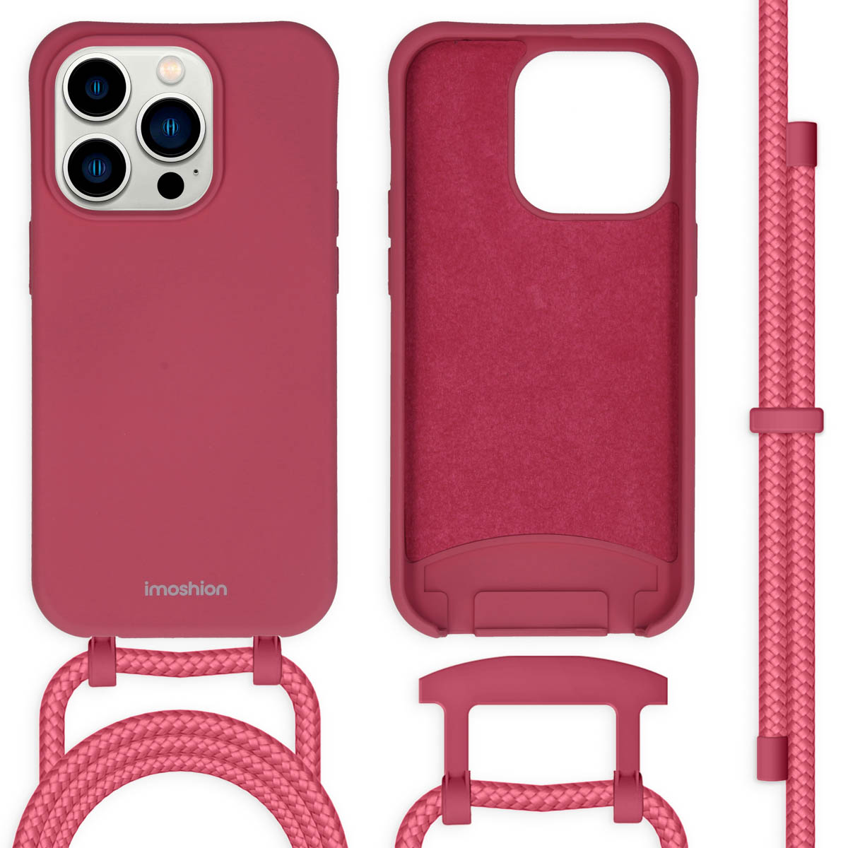 Une coque de téléphone rouge avec un téléphone et un cordon. Le texte dit 'imoshion'. Le fond est blanc.