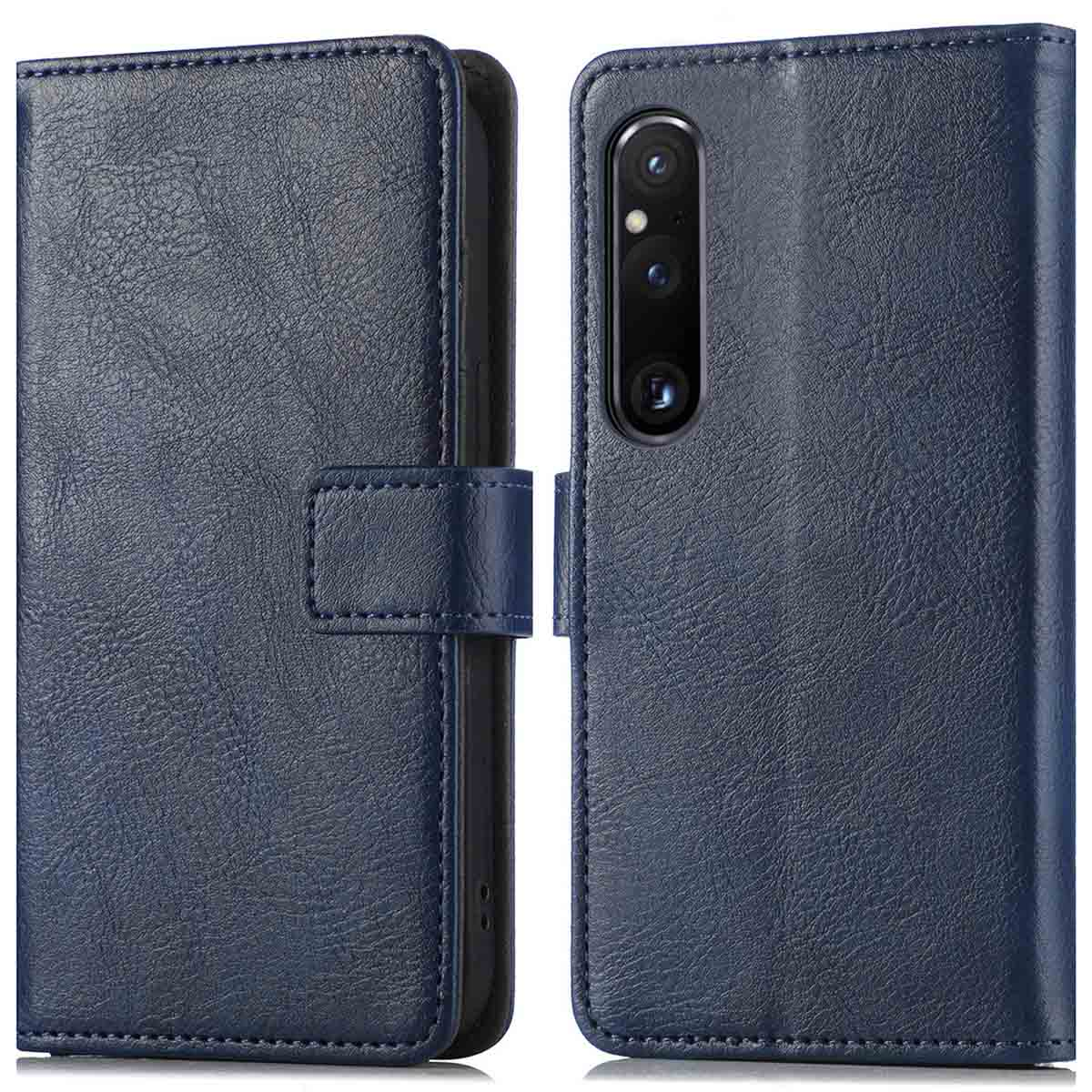 Étui de téléphone en cuir bleu en position ouverte. L'étui a une fermeture magnétique.