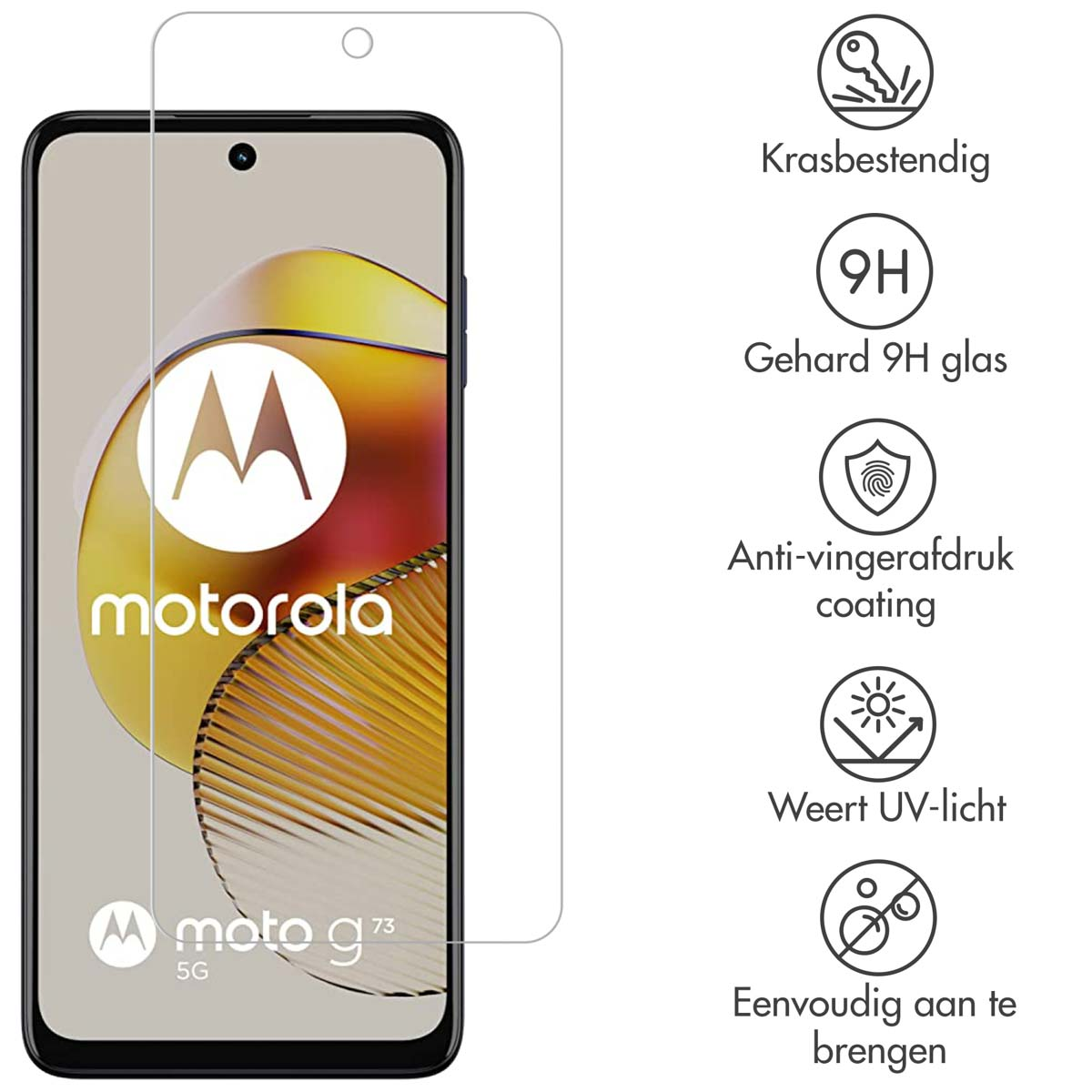 Een telefoon met een schermbeschermer ernaast, en verschillende iconen die het product beschrijven.