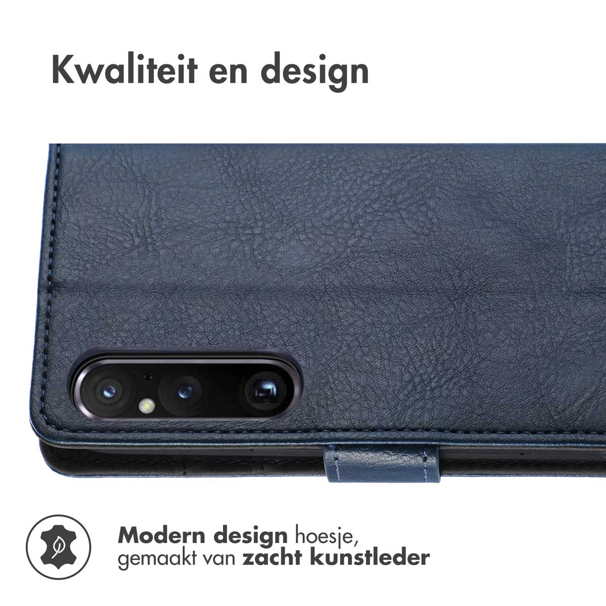 Coque de téléphone en cuir bleu avec téléphone. Texte : design moderne.