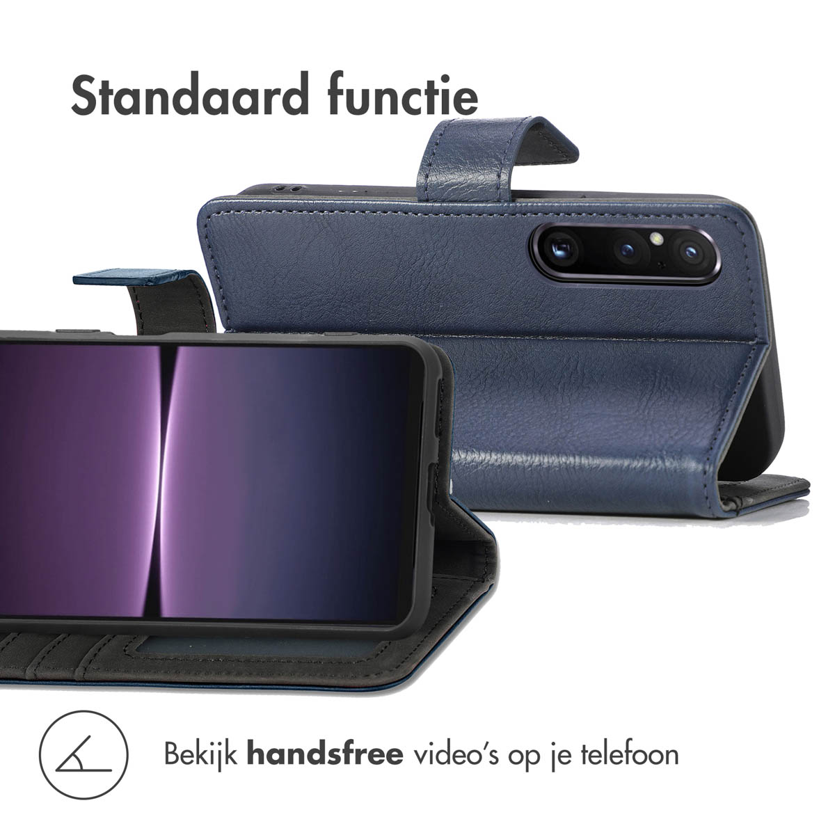 Étui de téléphone bleu, téléphone à l'intérieur. Texte : Regardez des vidéos mains libres sur votre téléphone. L'étui est en position de support.