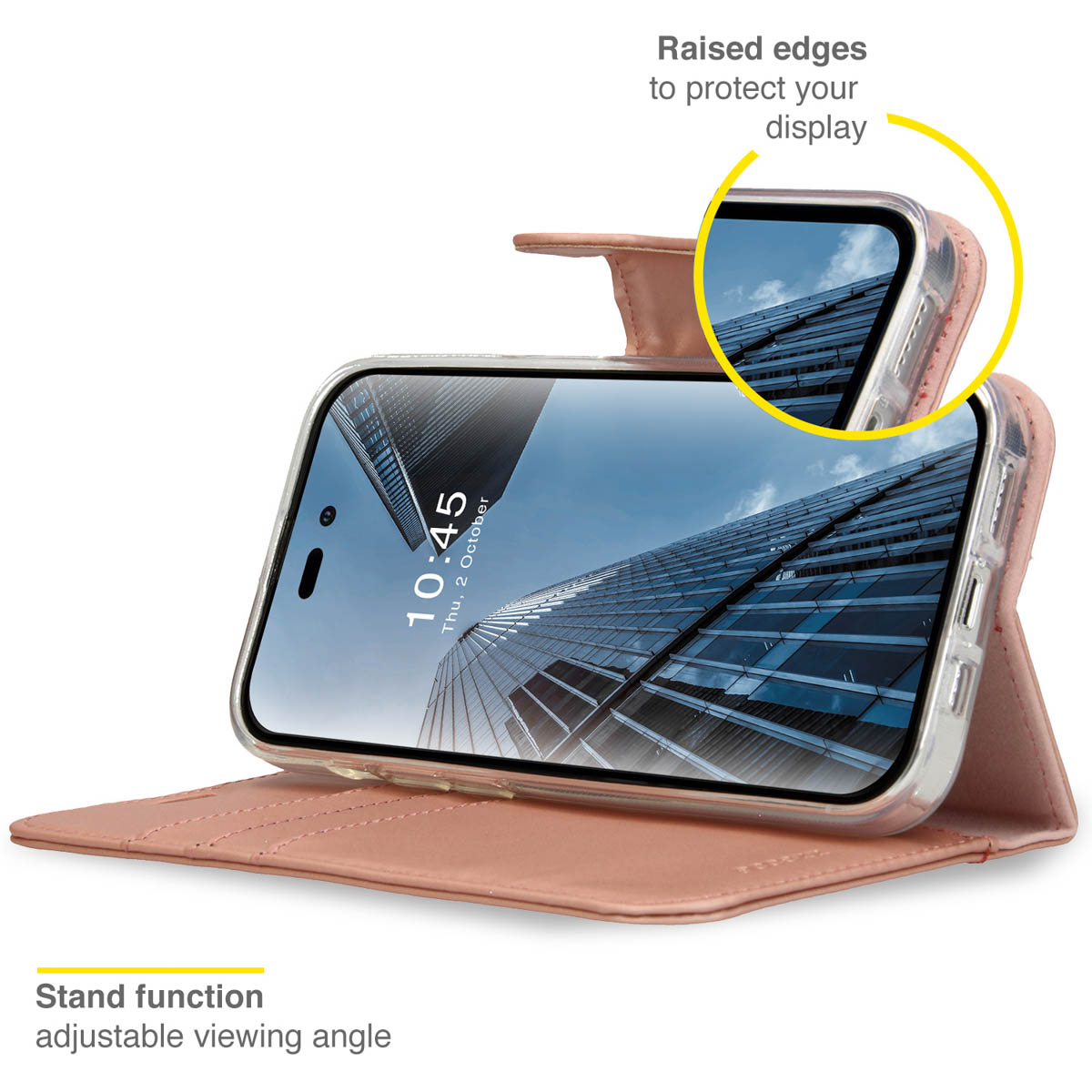 Étui de téléphone rose avec un téléphone affichant une image de bâtiment et fonction support.