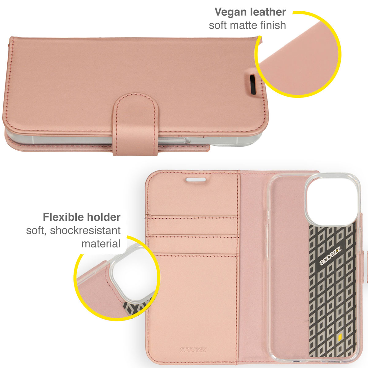 Étui de téléphone rose, ouvert et fermé. À l'intérieur de l'étui, un support de téléphone transparent et des emplacements pour cartes sont visibles.