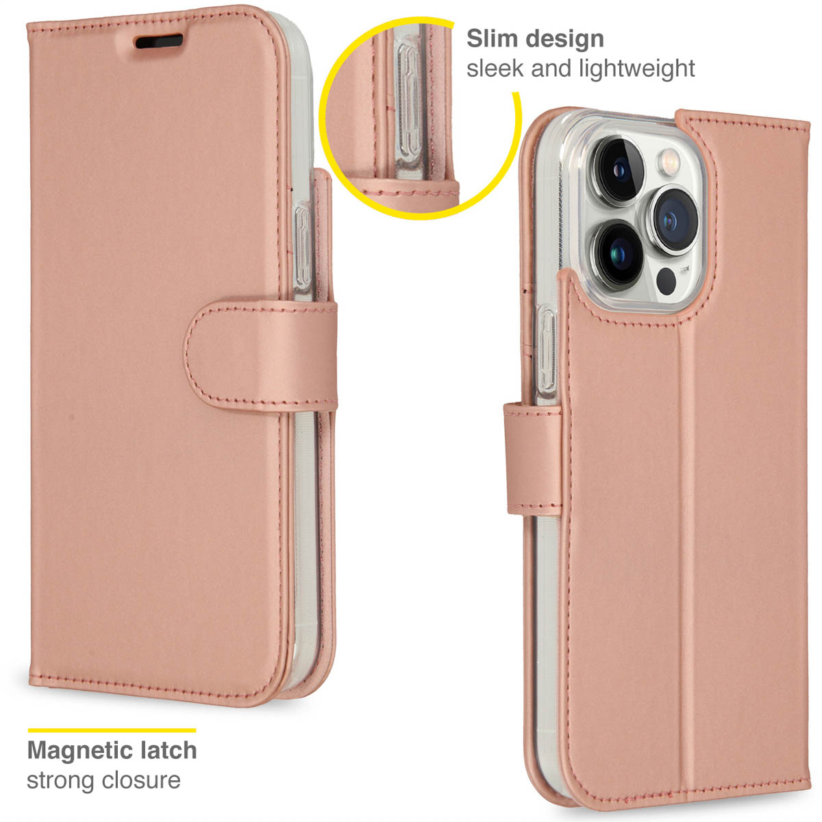 Coque de téléphone rose, ouverte et fermée, avec fermeture magnétique et design fin.