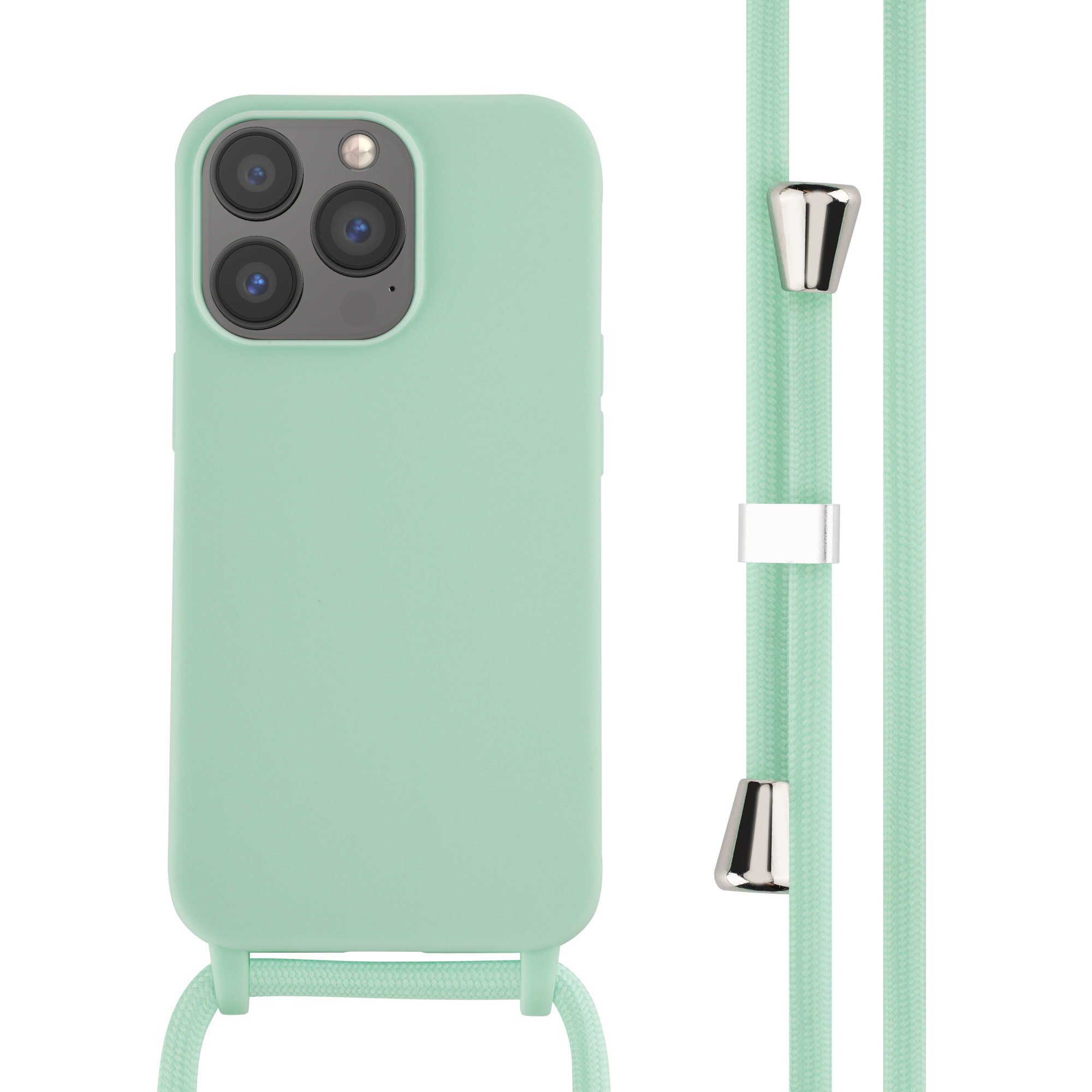Coque de téléphone vert menthe avec cordon assorti et fixations argentées.