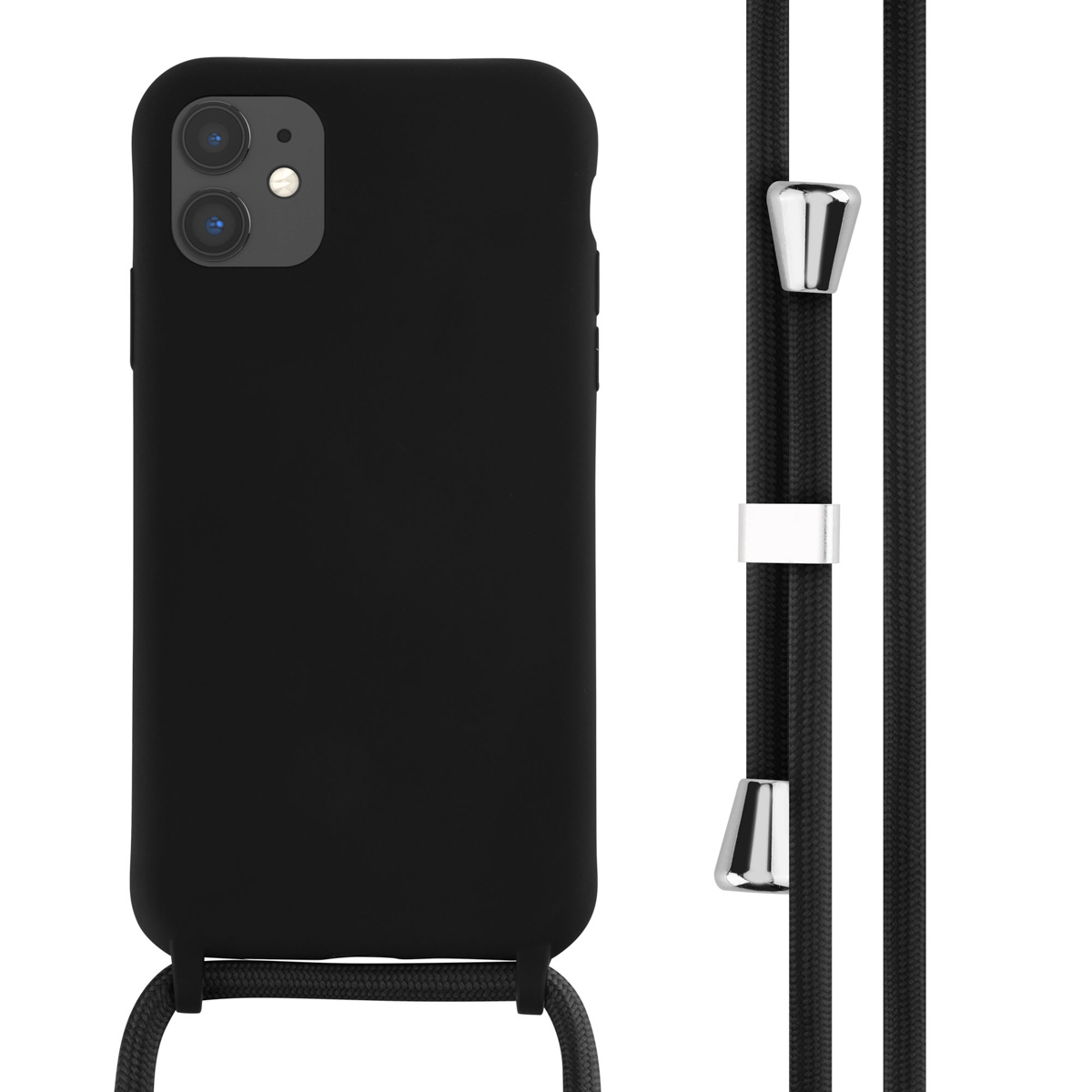 Zwarte telefoonhoes met een zwarte band. De telefoonhoes heeft camera-uitsparingen. De band heeft zilveren details.