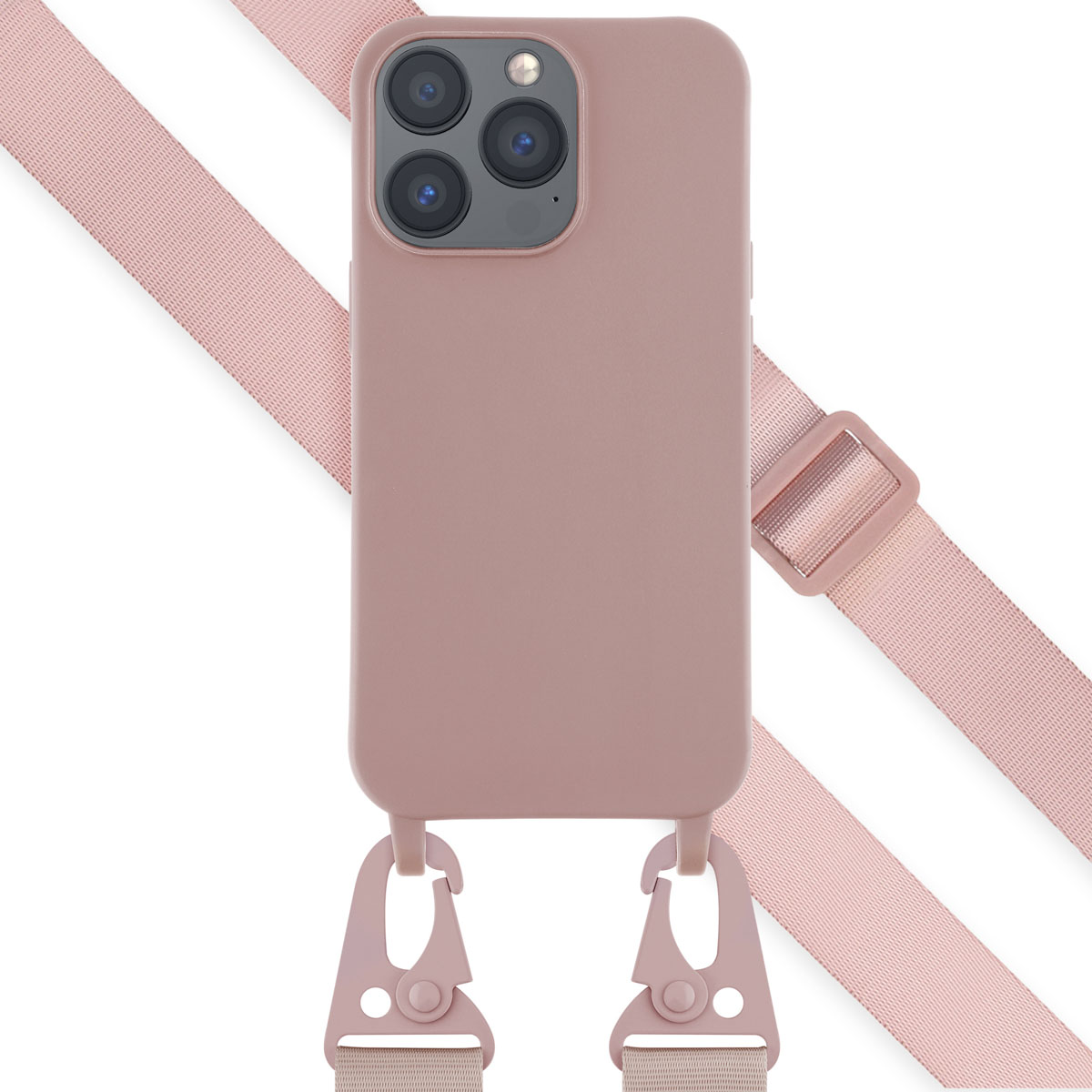 Roze telefoonhoes met een bandje en twee haken. De tekst is niet beschikbaar.