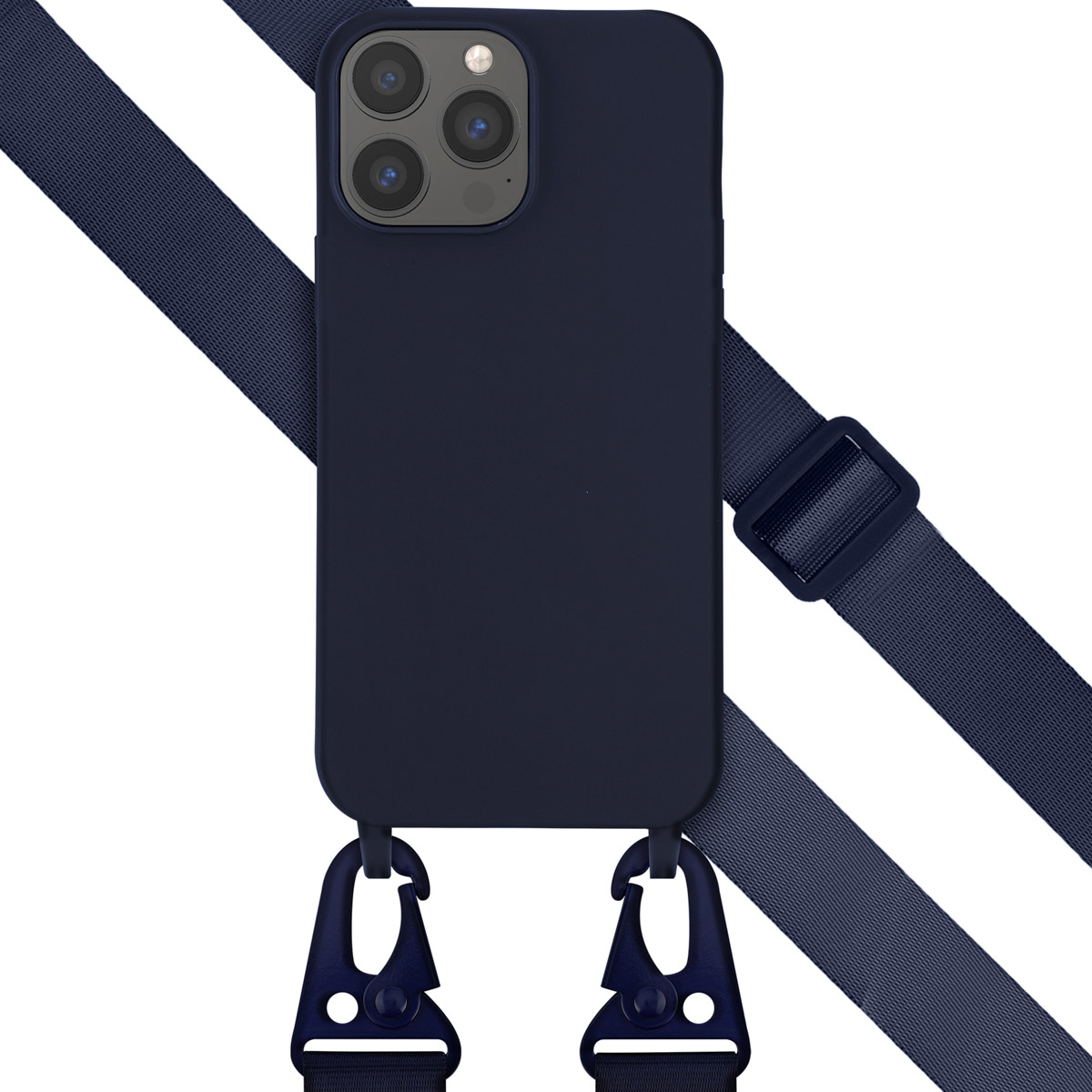 Marineblauwe telefoonhoes met bijpassende riem, met karabijnhaakclips voor bevestiging.