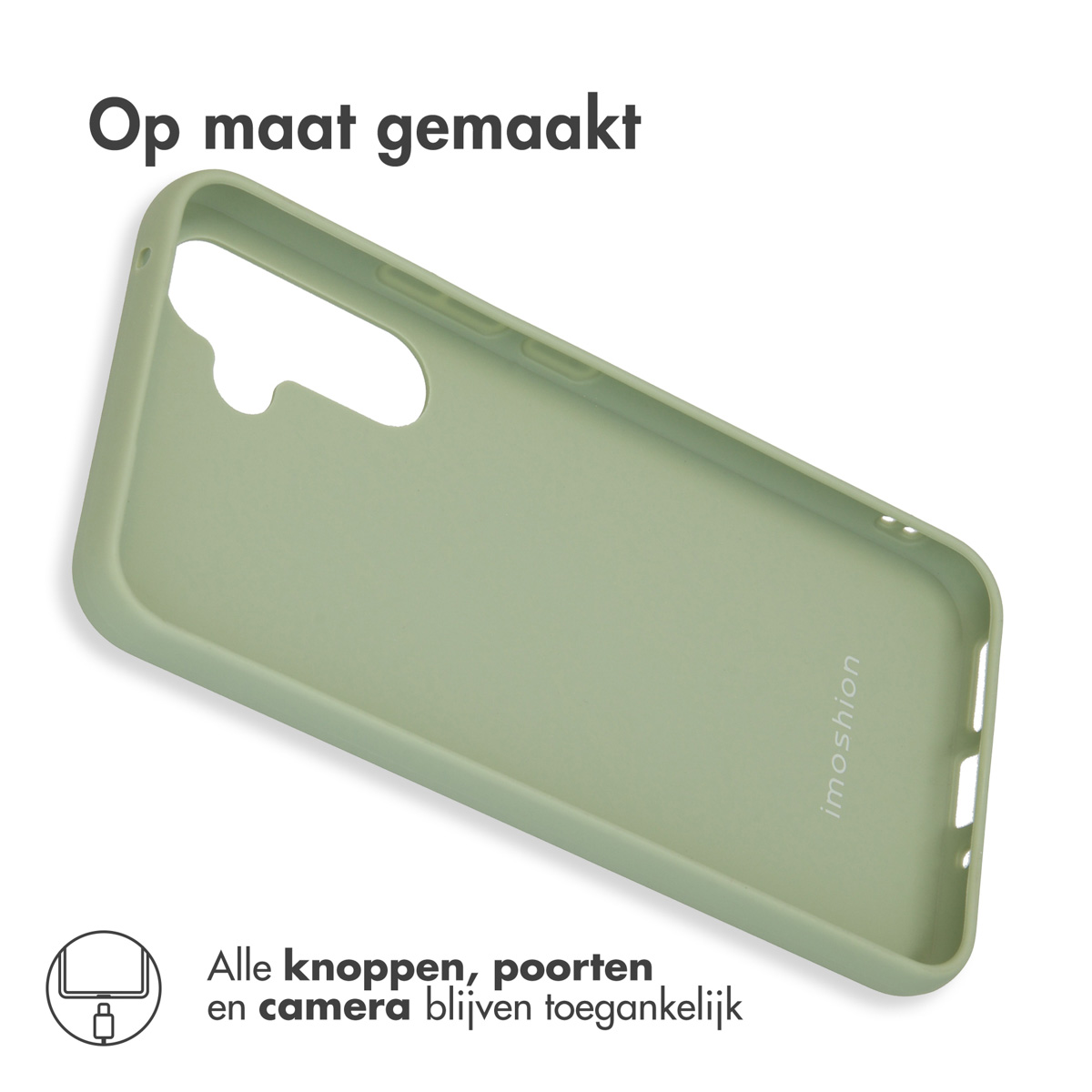 Een lichtgroene telefoonhoes. Alle telefoonfuncties, zoals knoppen, poorten en camera, zijn toegankelijk.