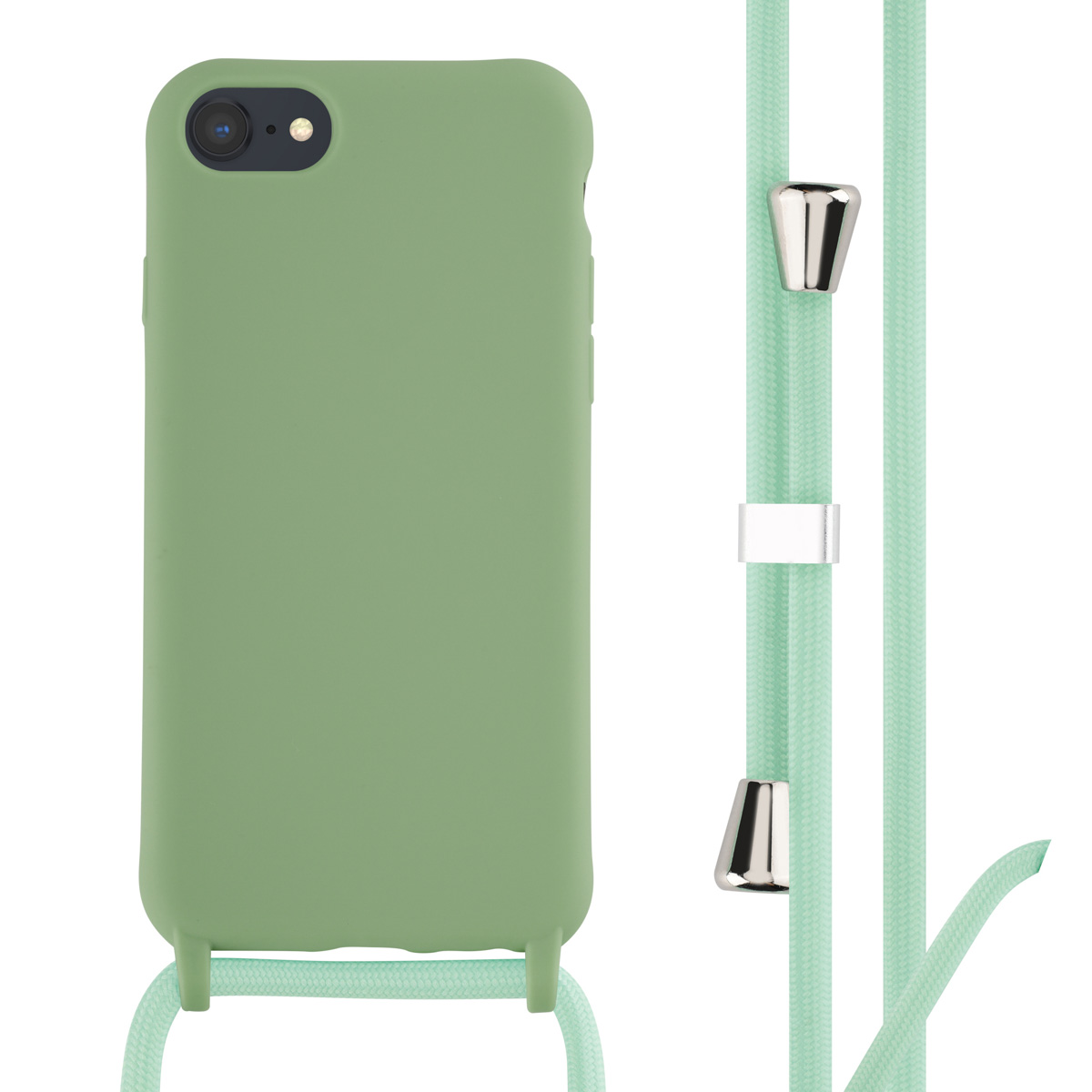 Groen telefoonhoesje met een groene band. De telefoon is geplaatst op een witte achtergrond.