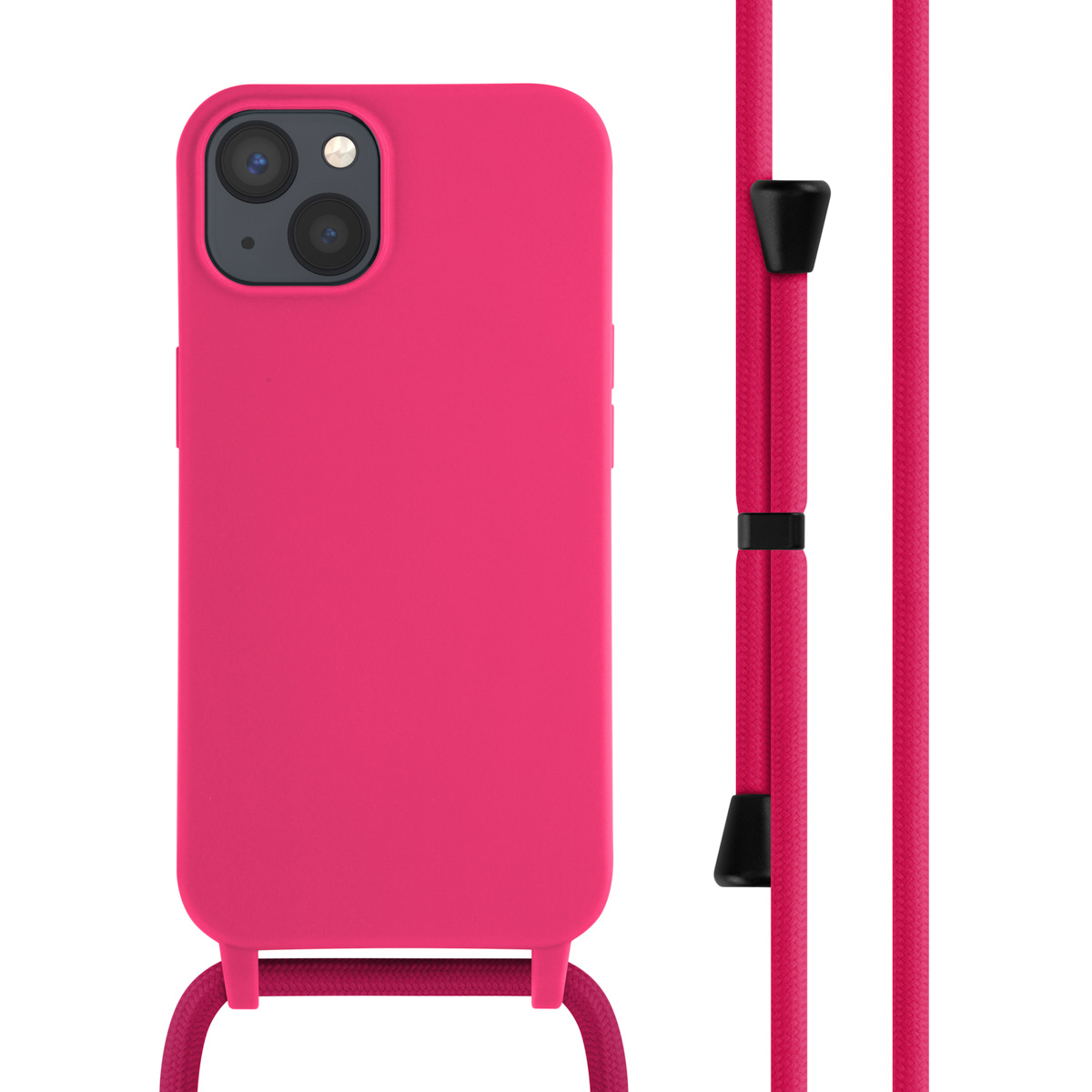 Étui de téléphone rose avec une lanière rose assortie. L'étui est uni, sans motifs.