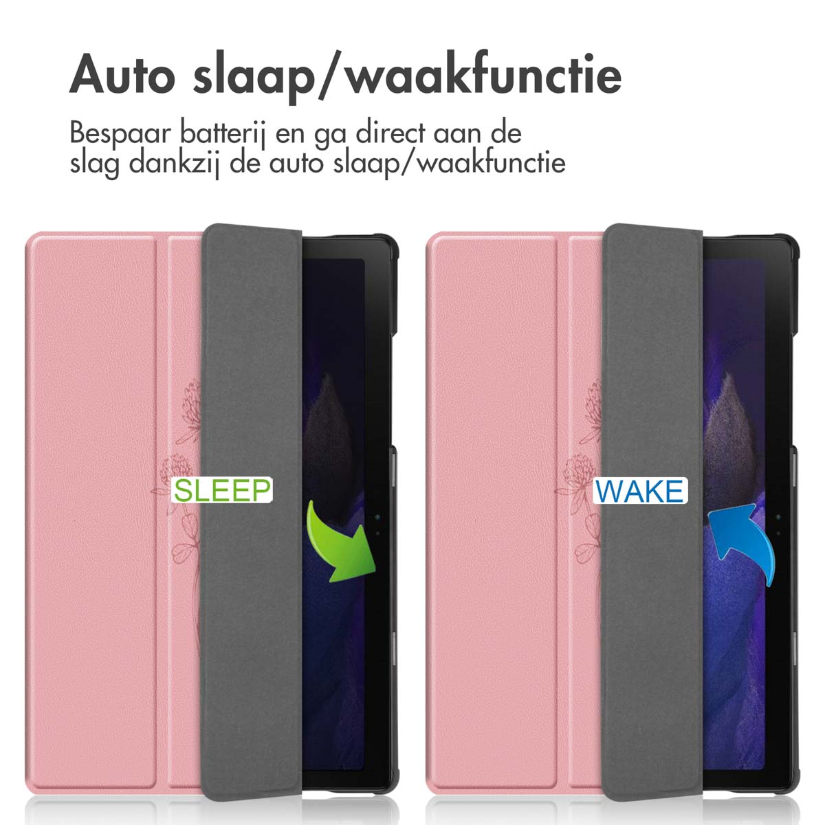 Tablet case with a pink cover showing sleep and wake functions. Text: Auto sleep/wake function.